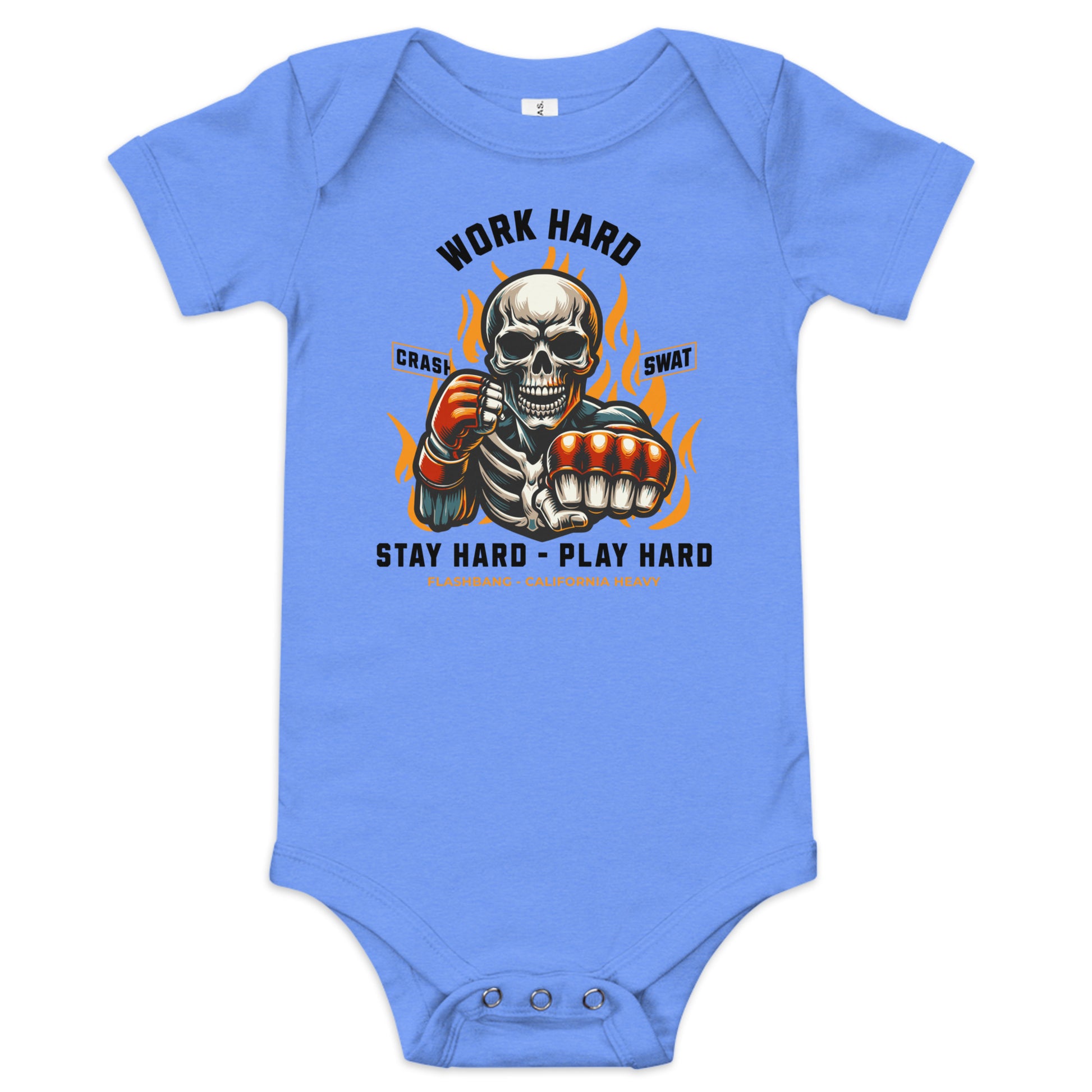 Blue baby onesie with a skeleton design and text on a white background