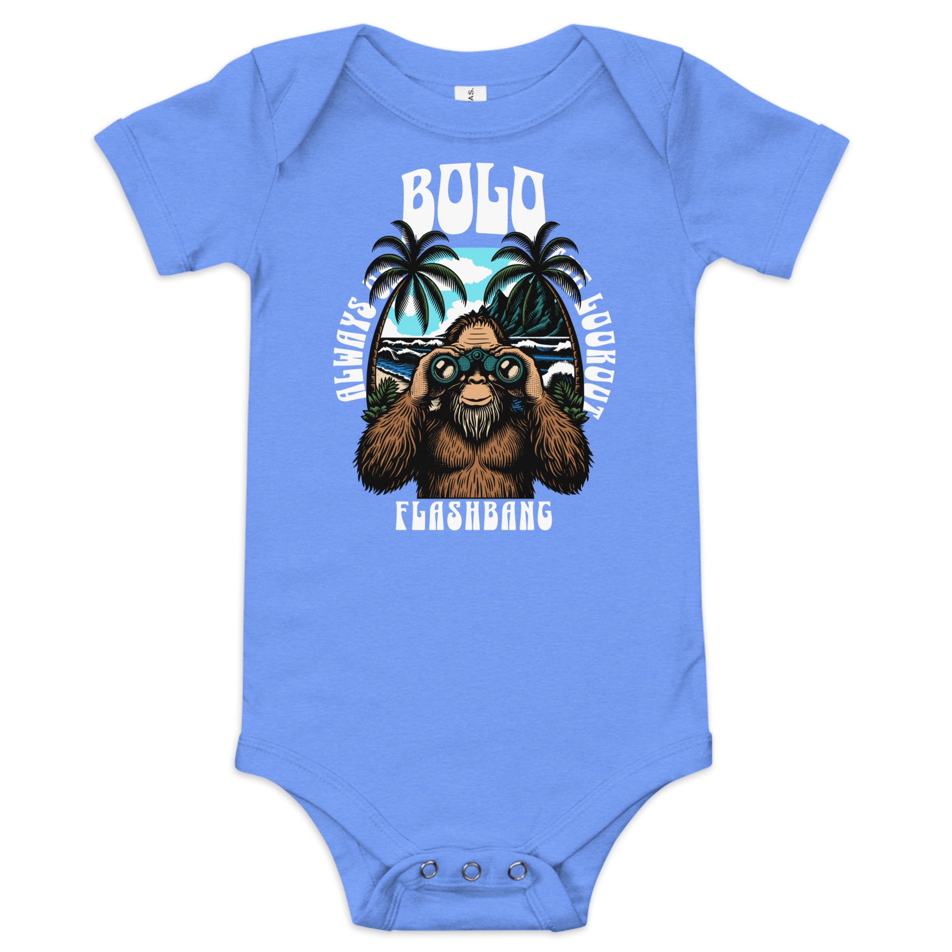 Blue baby onesie with a bear graphic and text on a white background