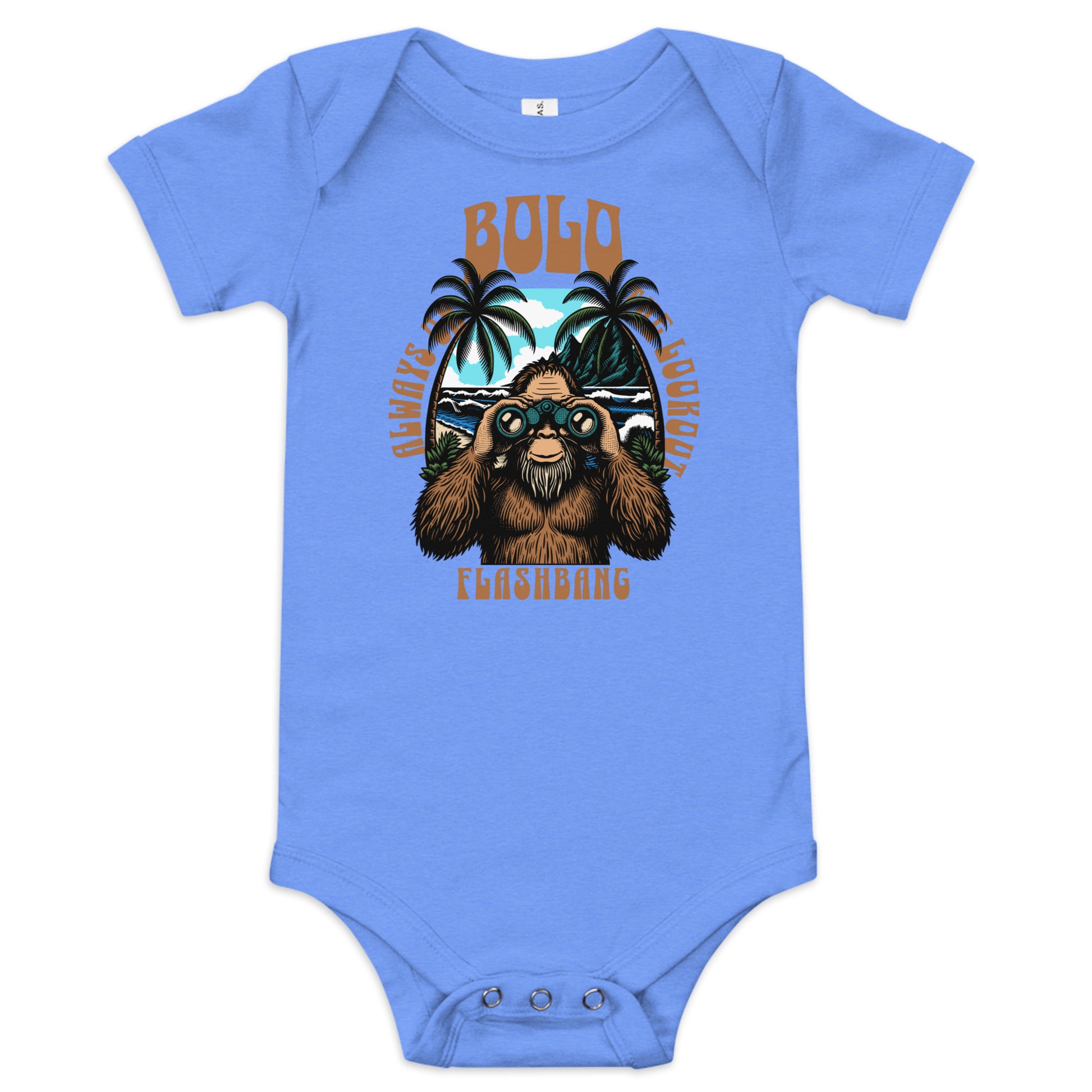 Blue baby onesie with a bear graphic and text on a white background