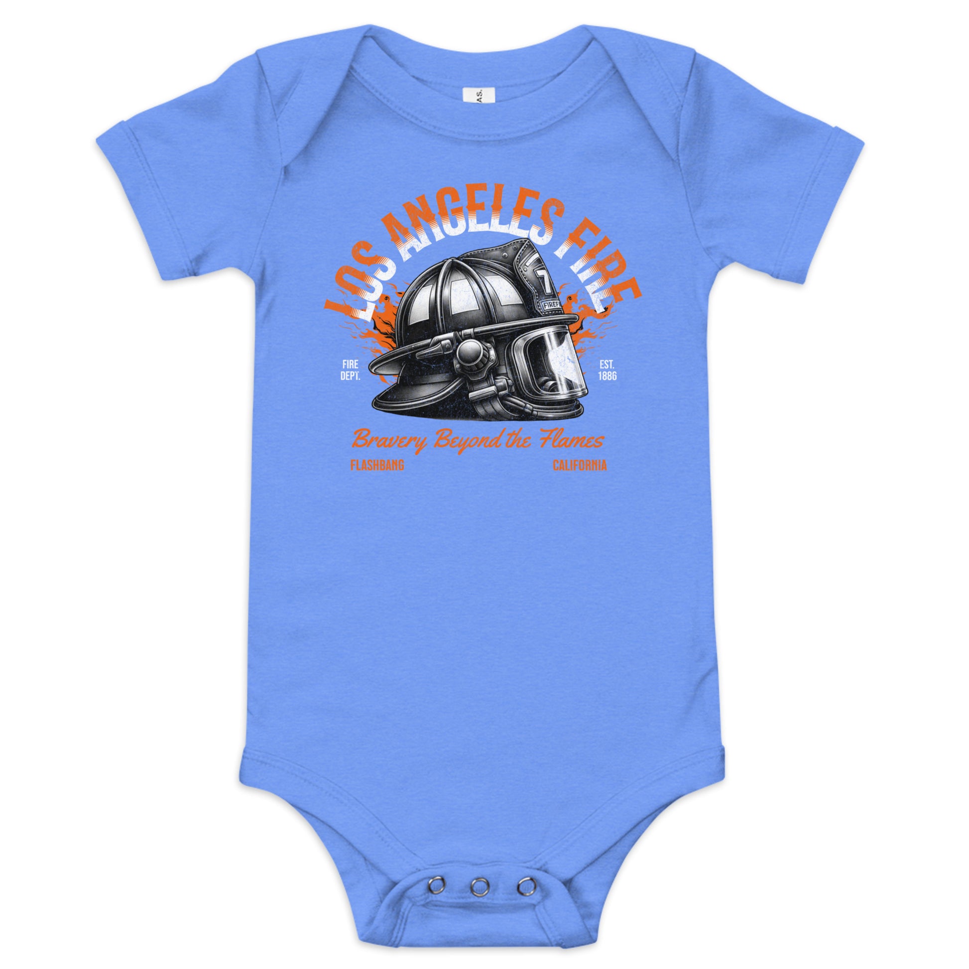 Blue baby onesie with a fire helmet graphic and text on a white background