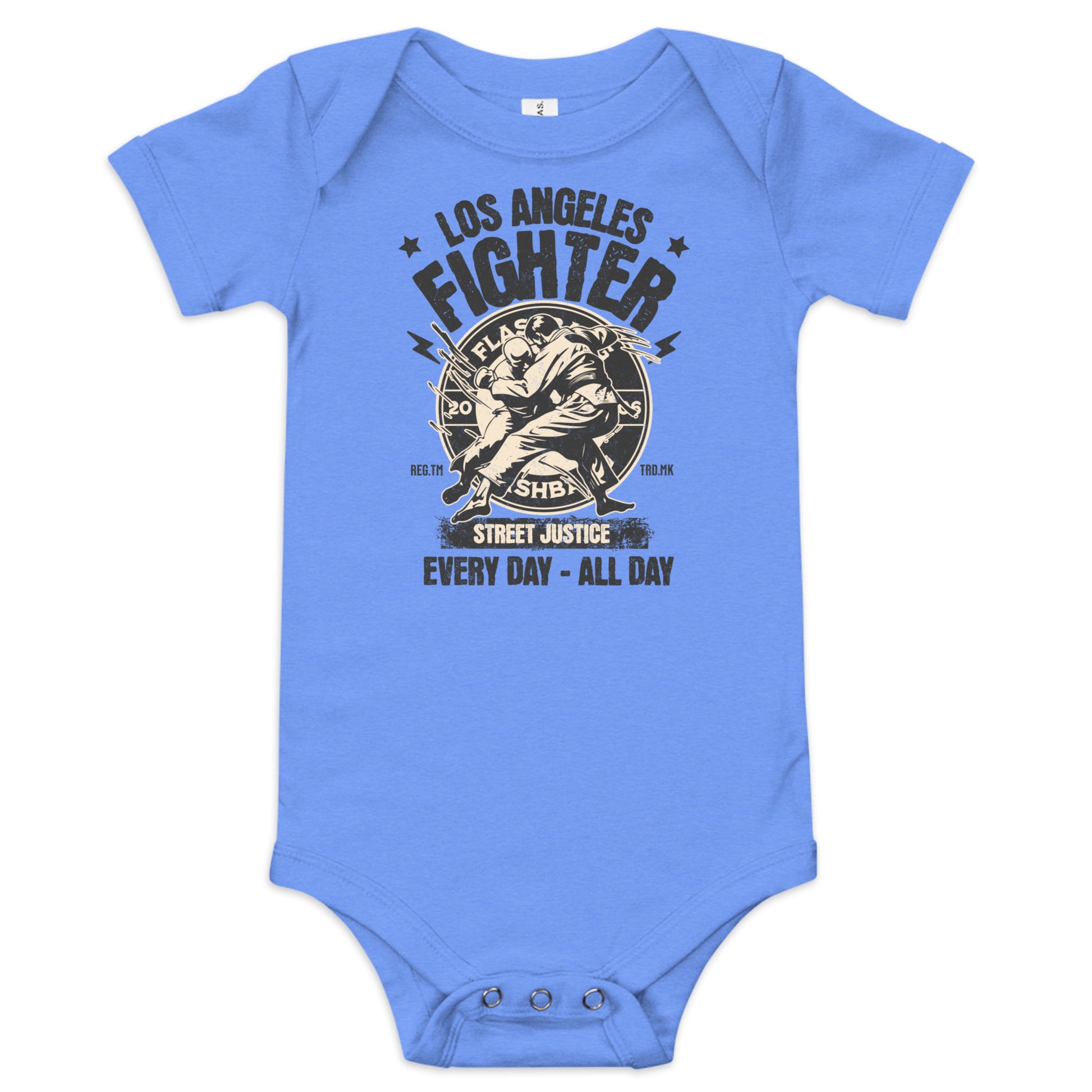 Blue baby onesie with 'Los Angeles Fighter' graphic design on a white background