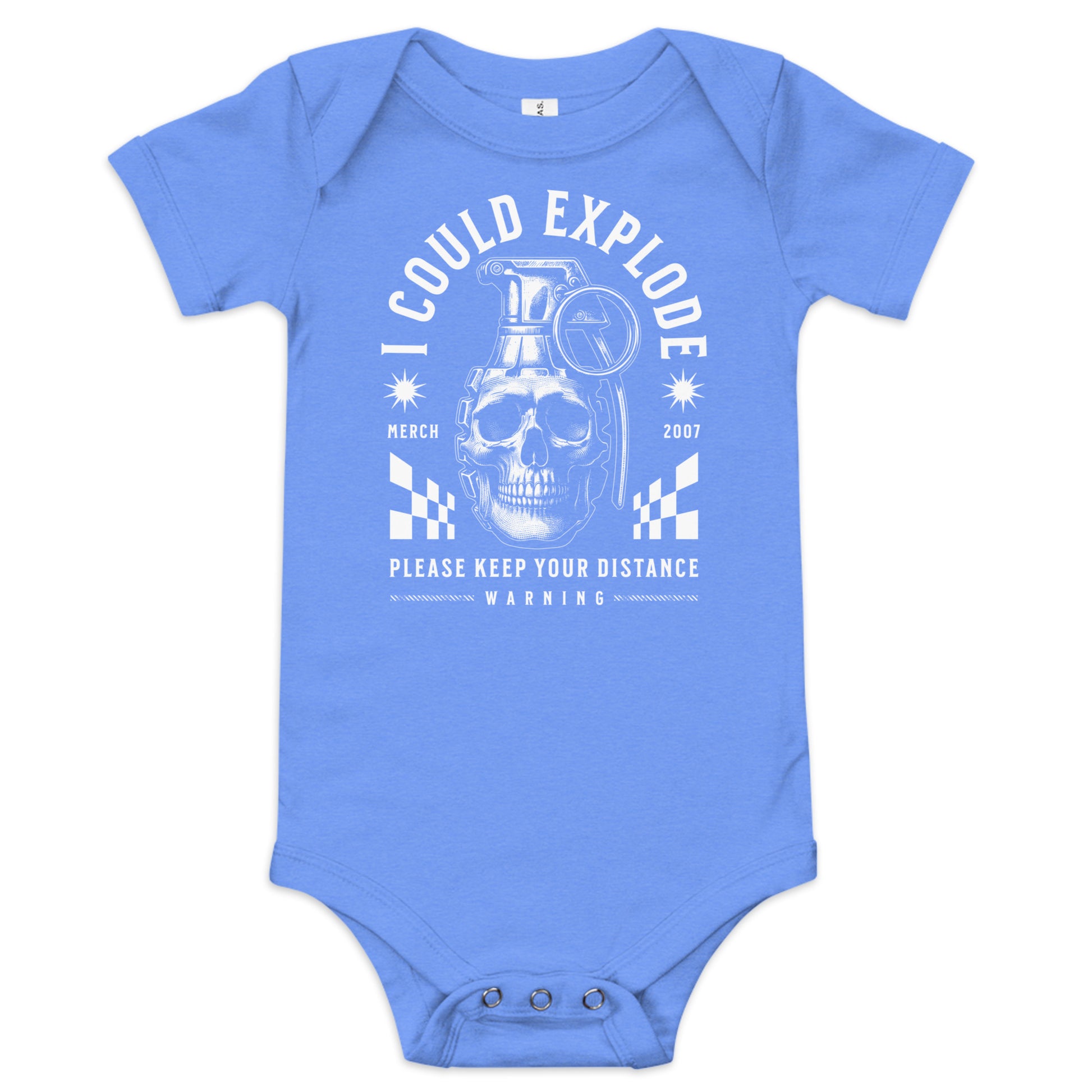 Blue baby onesie with white graphic design on a white background
