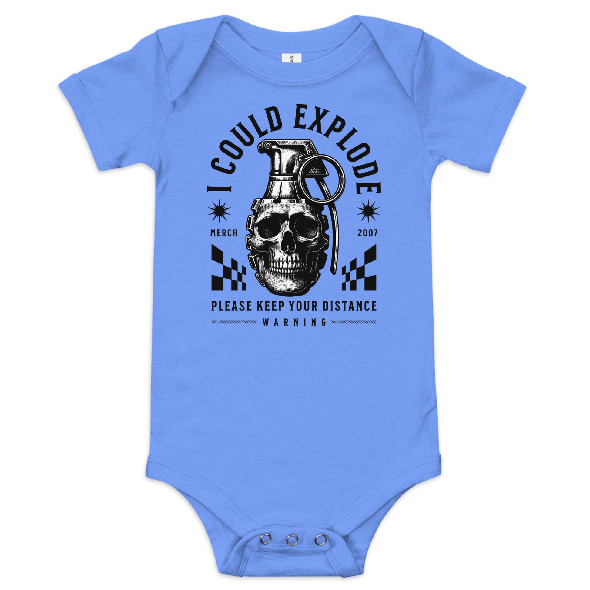 Blue baby onesie with a graphic design featuring a skull and grenade on a white background