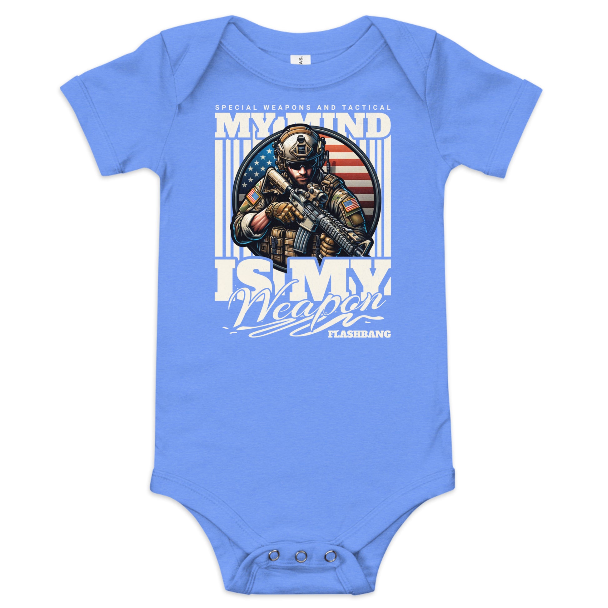 Blue baby onesie with a graphic design featuring a soldier and text on a white background