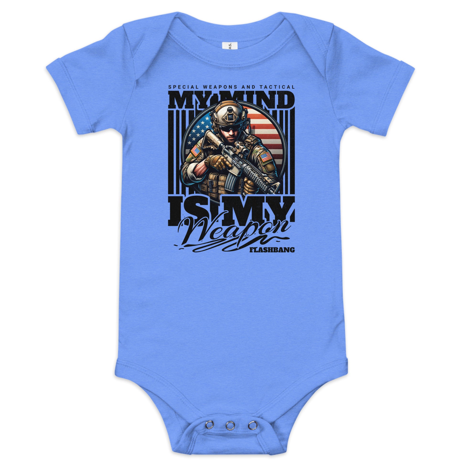 Blue baby onesie with a graphic design featuring a soldier and text on a white background