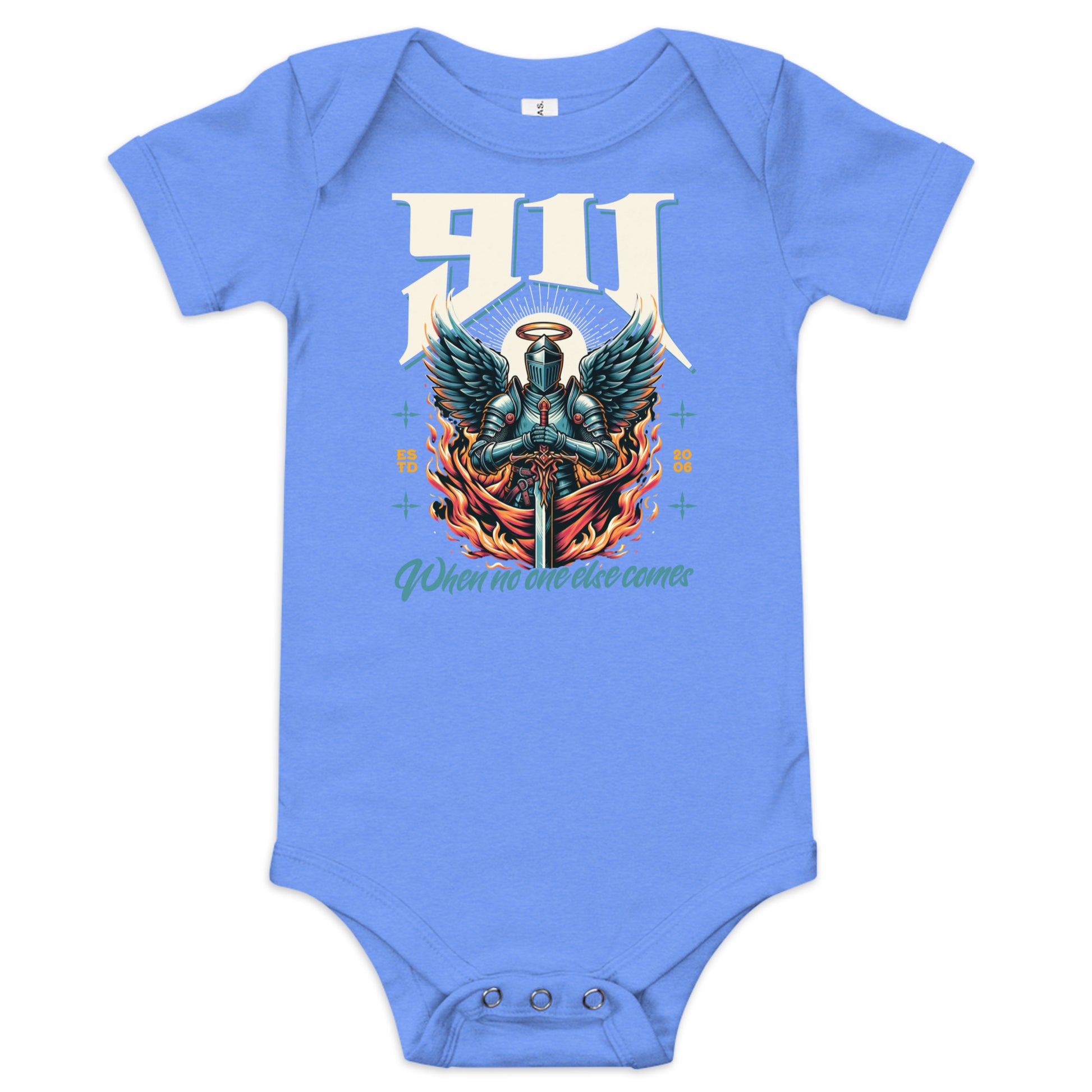 Blue baby onesie with a graphic design on a white background