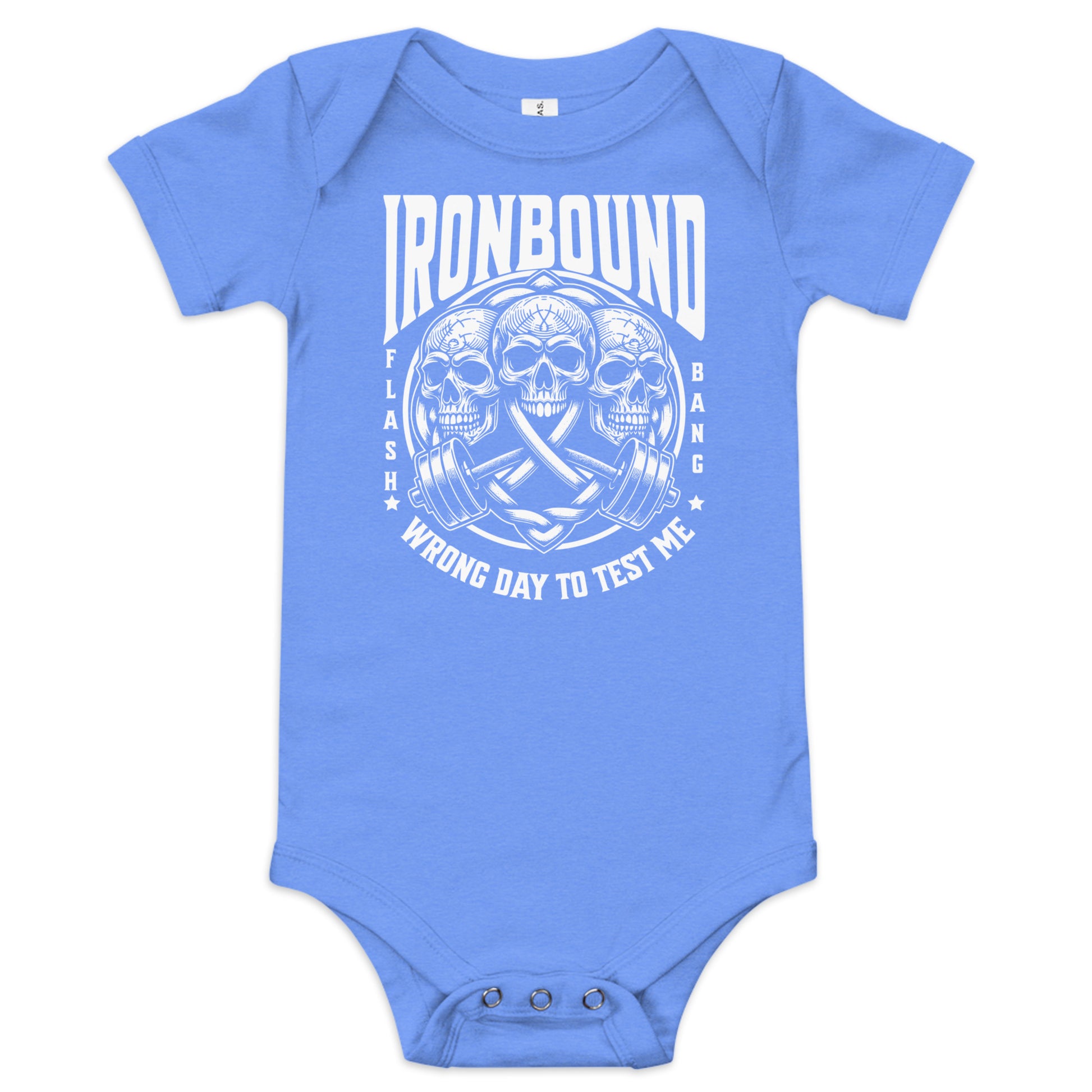Blue baby onesie with white graphic design and text on a white background