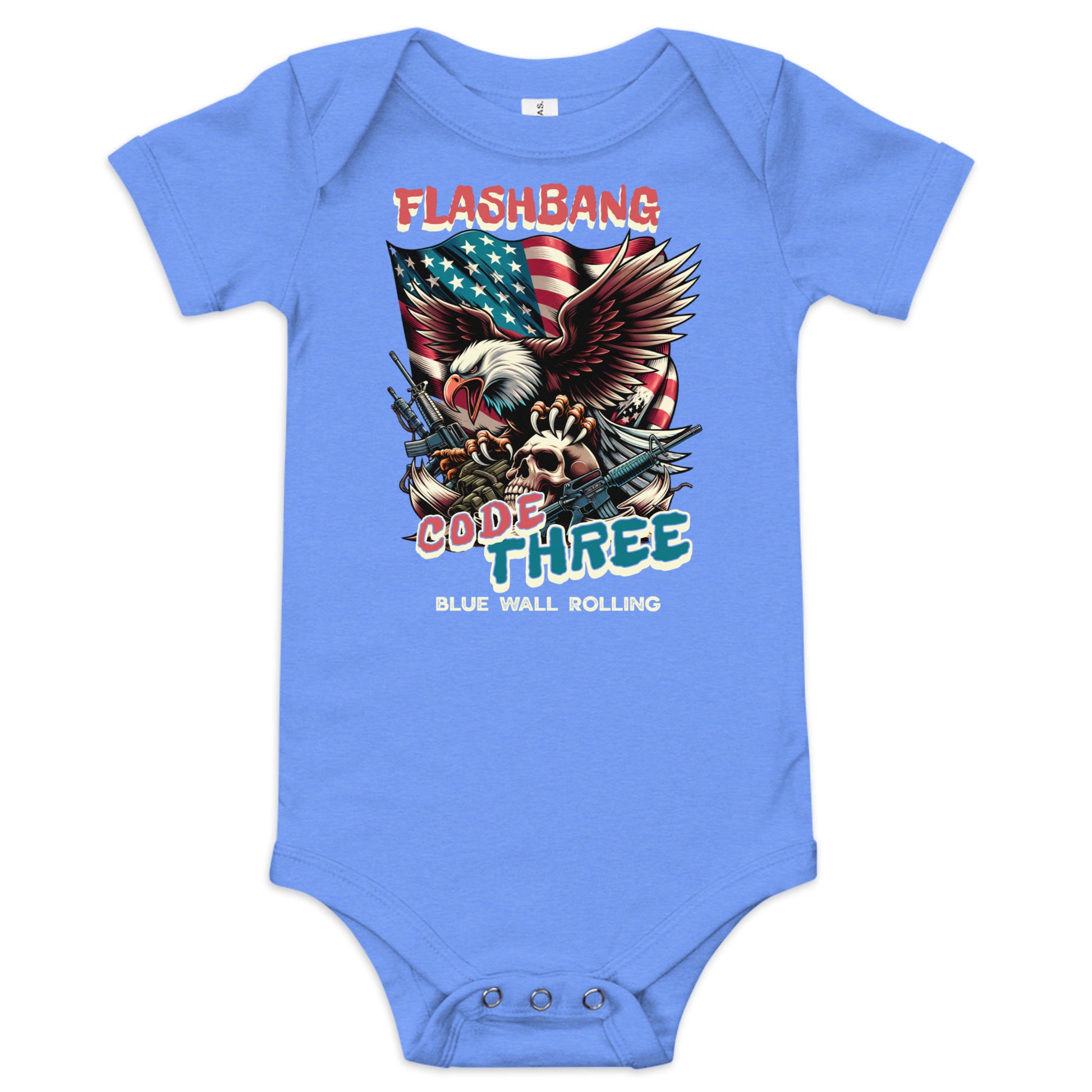 Blue baby onesie with graphic design and text on a white background