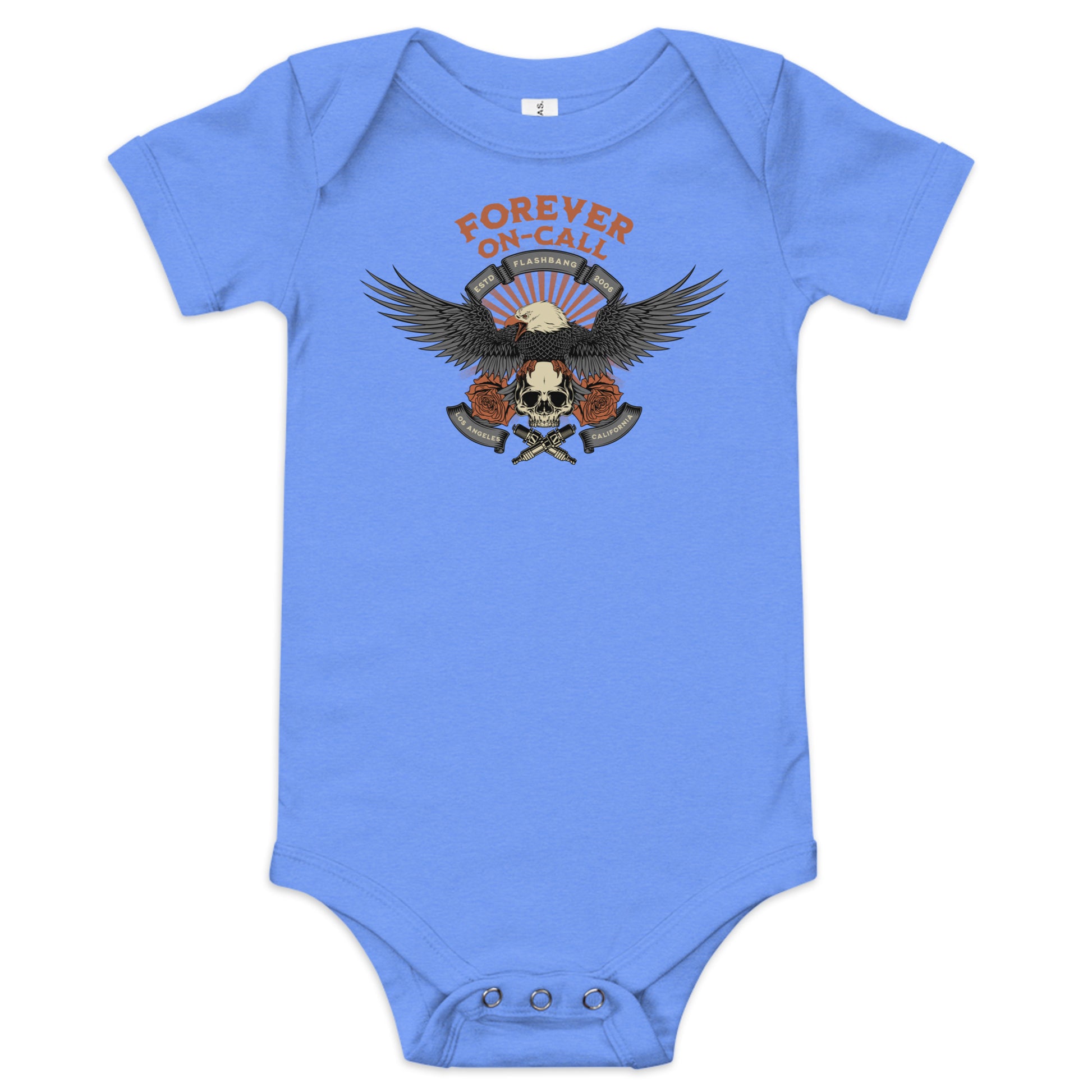 Blue baby onesie with an eagle graphic and text on a white background