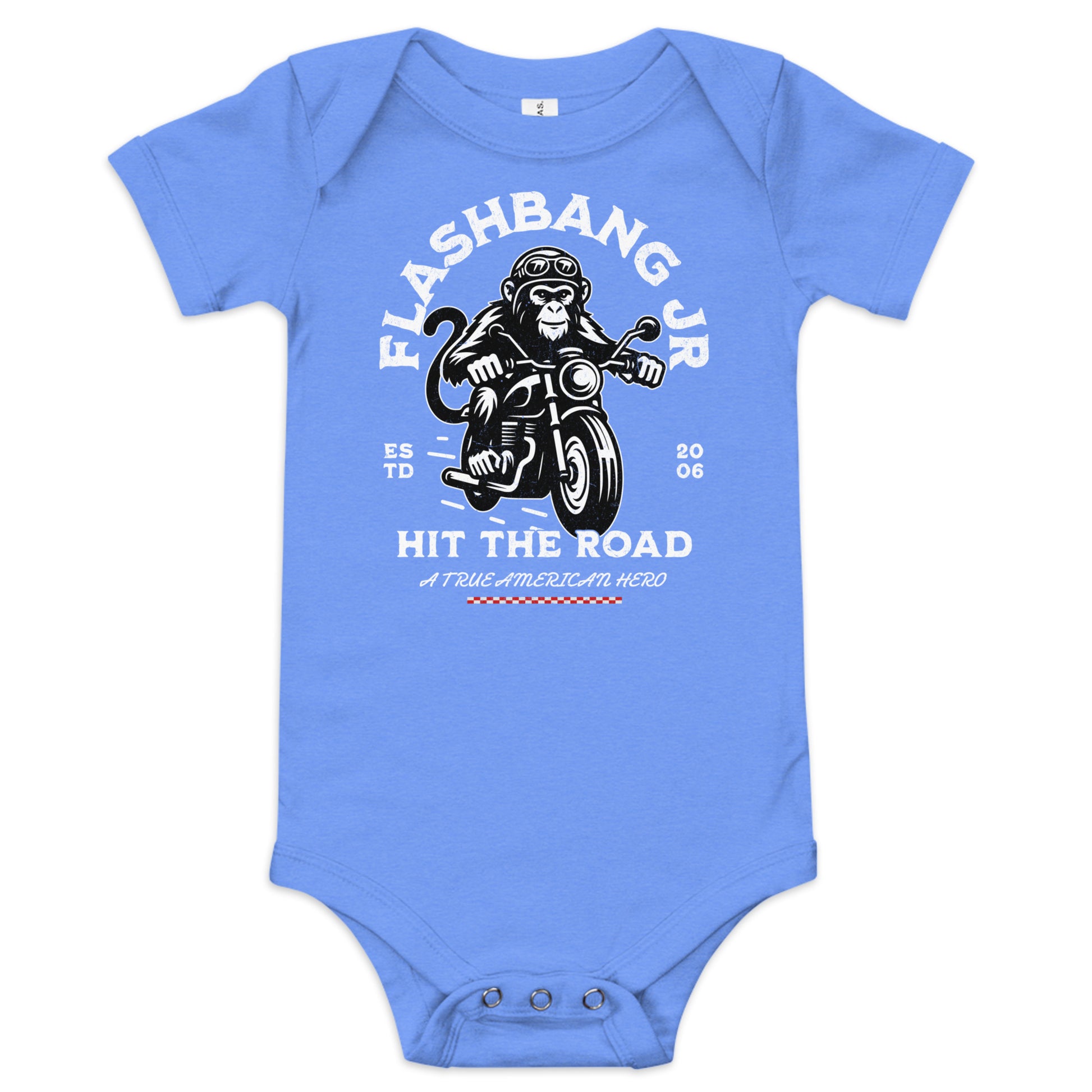 Blue baby onesie with a monkey on a motorcycle graphic and text.