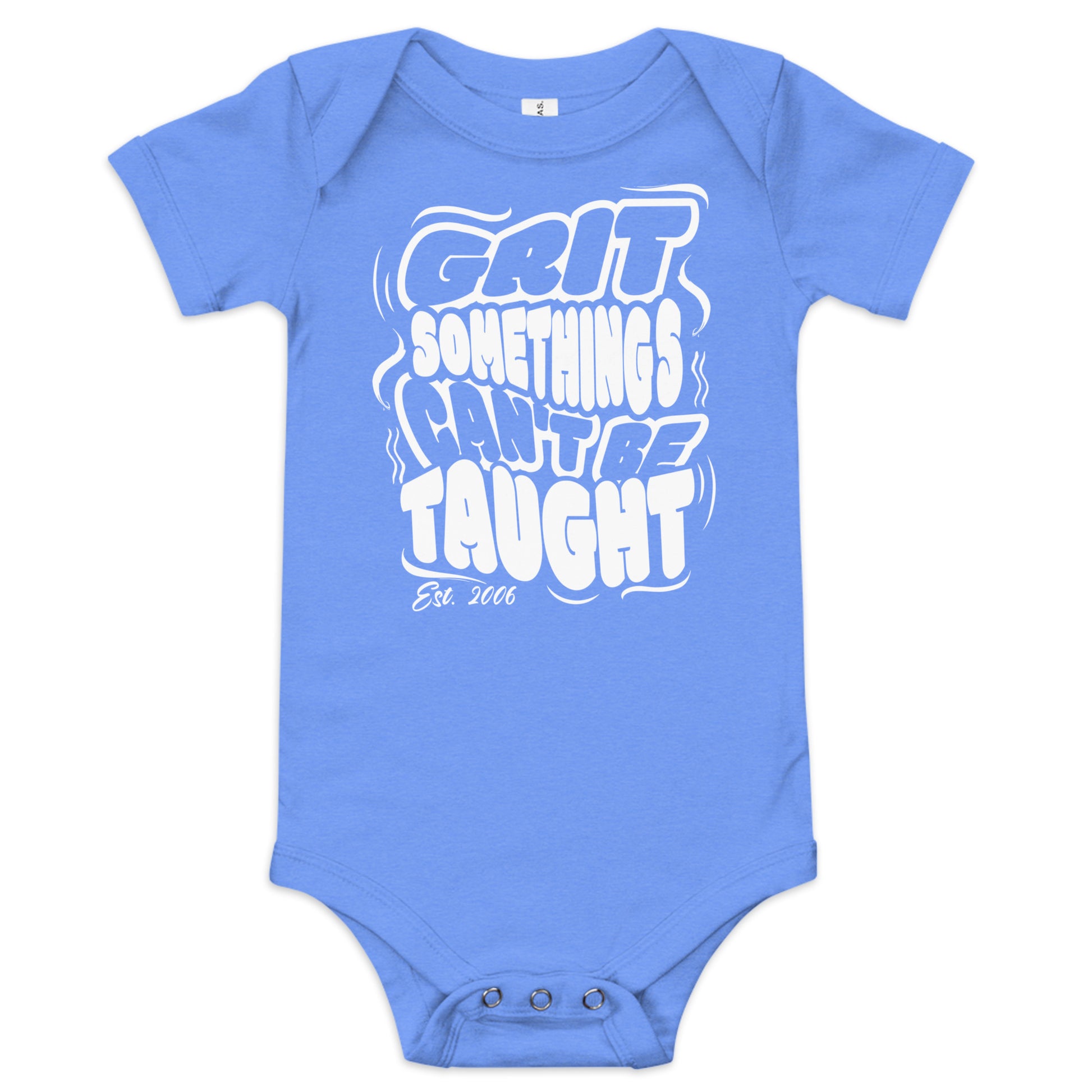Blue baby onesie with white text on a white background