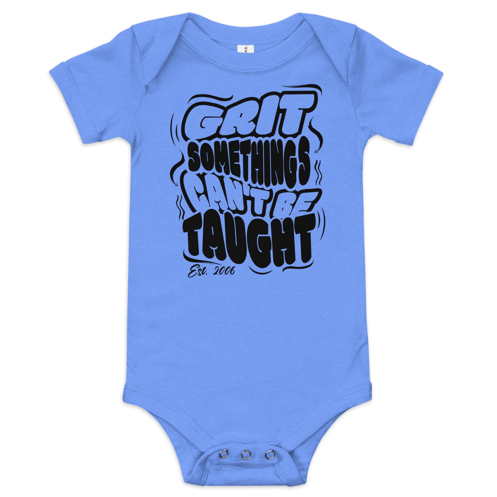 Blue baby onesie with black text on a white background