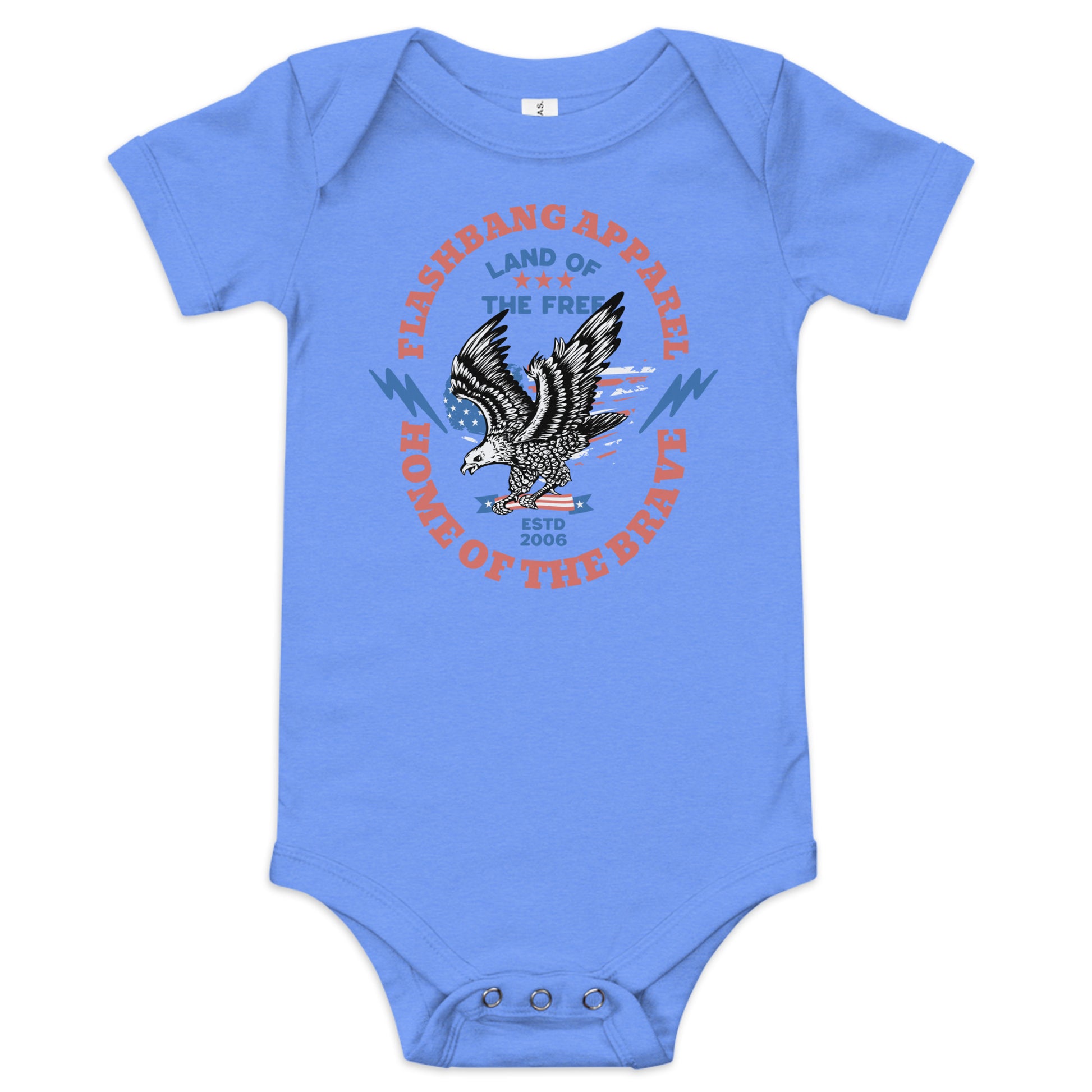 Blue baby onesie with an eagle graphic and text on a white background