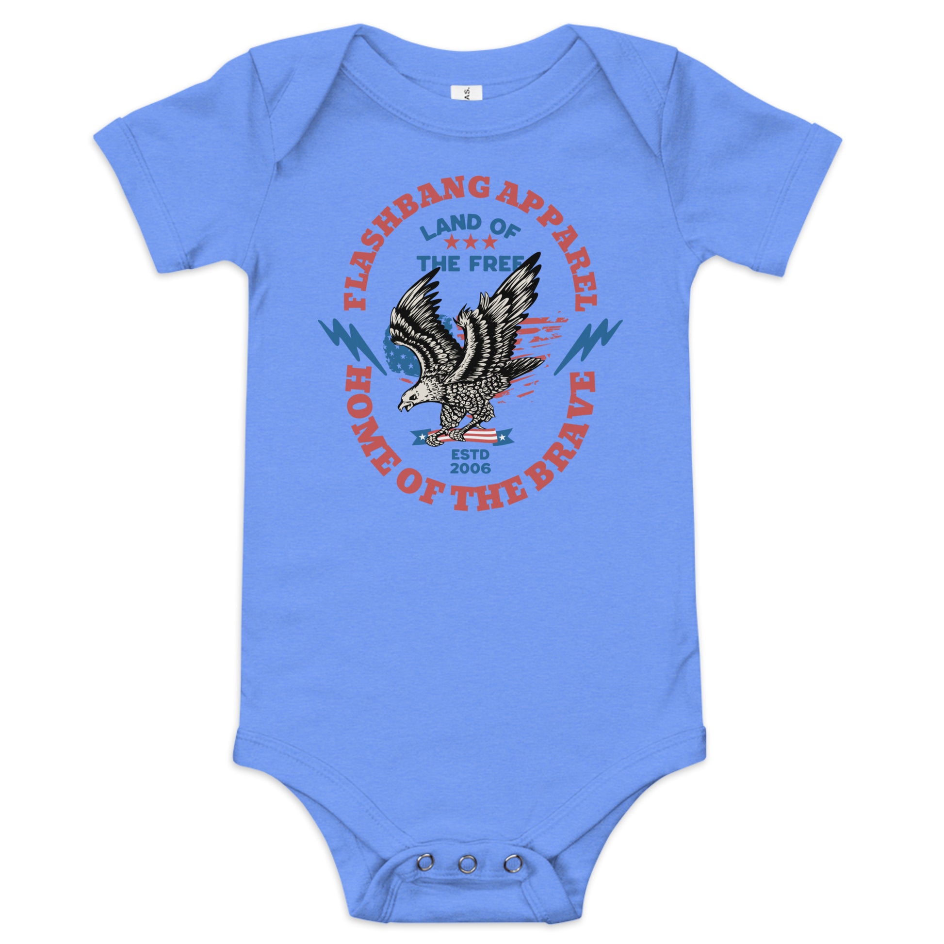 Blue baby onesie with an eagle design and text on a white background