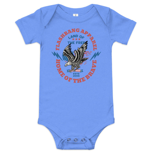Blue baby onesie with an eagle design and text on a white background