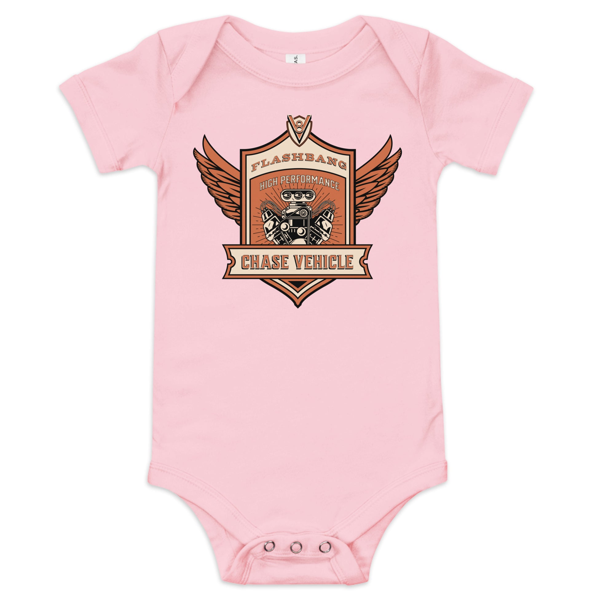 Pink baby onesie with a graphic design on a white background