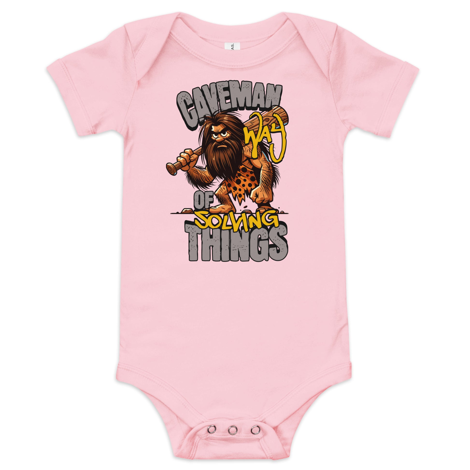 Pink baby onesie with a cartoon caveman design and text on a white background
