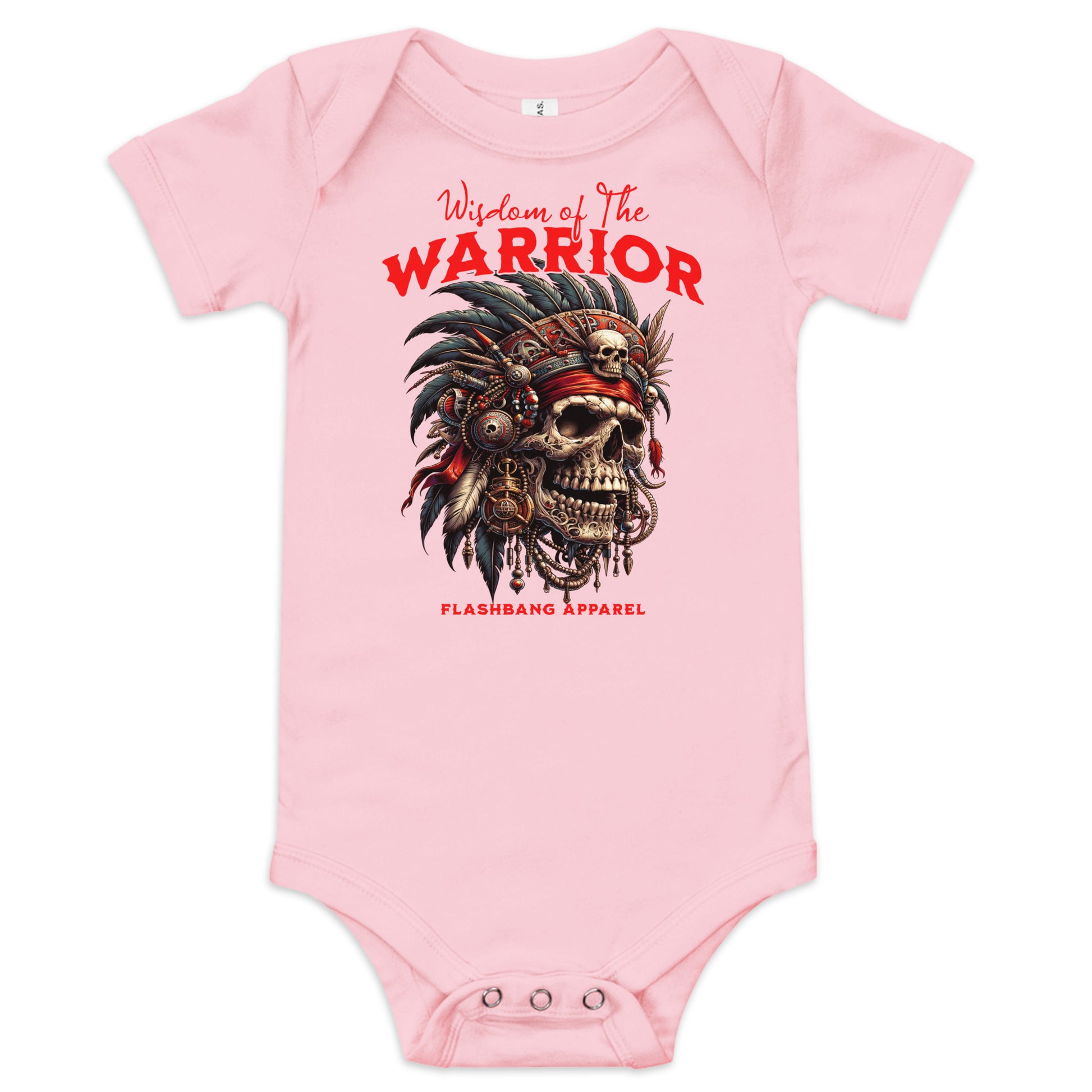 Pink baby onesie with warrior design and text on a white background