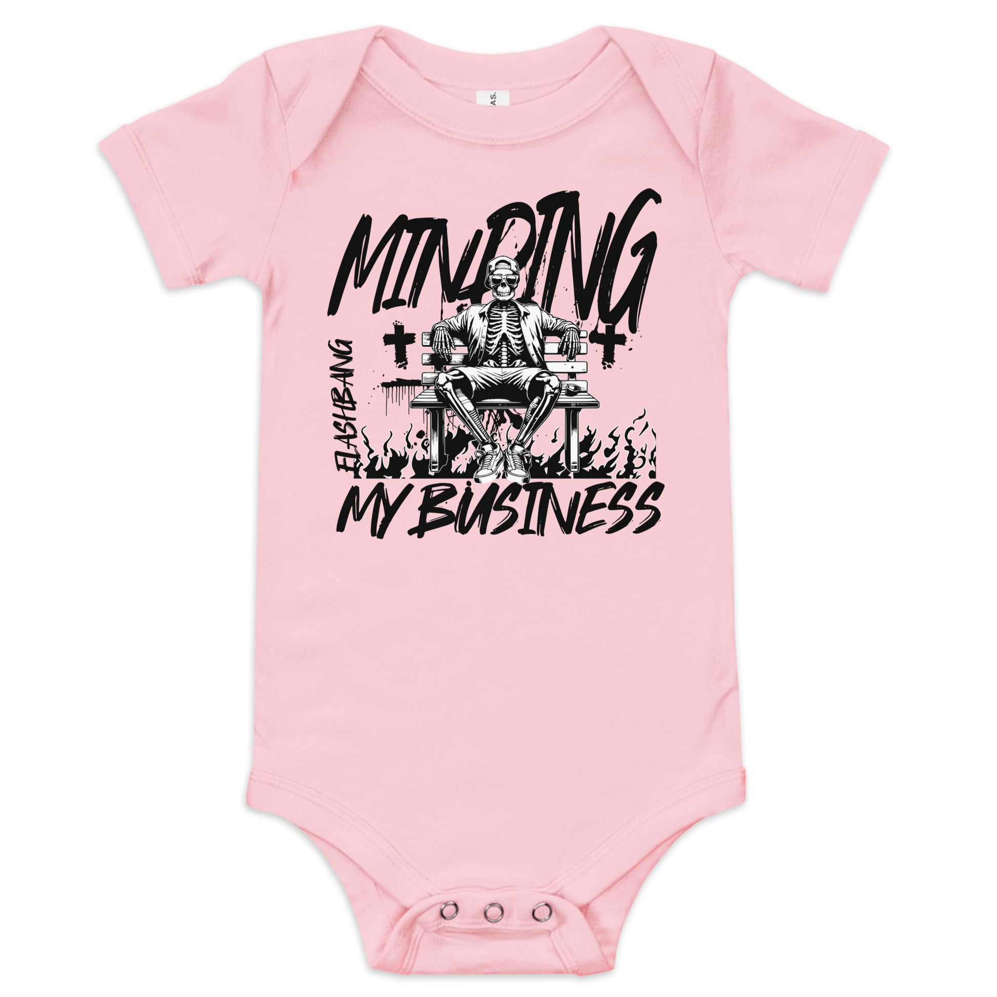 Pink baby onesie with a skeleton design and text on a white background