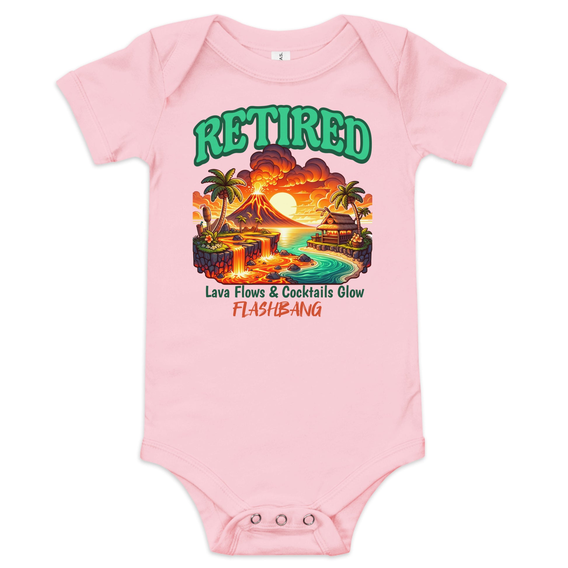 Pink baby onesie with a tropical design and text on a white background