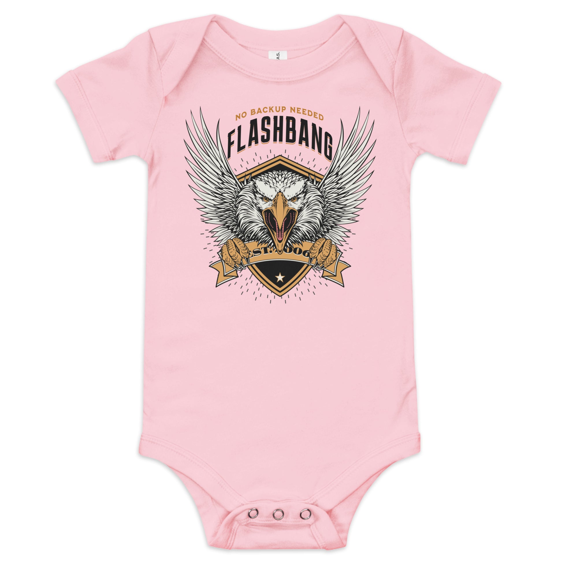 Pink baby onesie with an eagle graphic and text on a white background