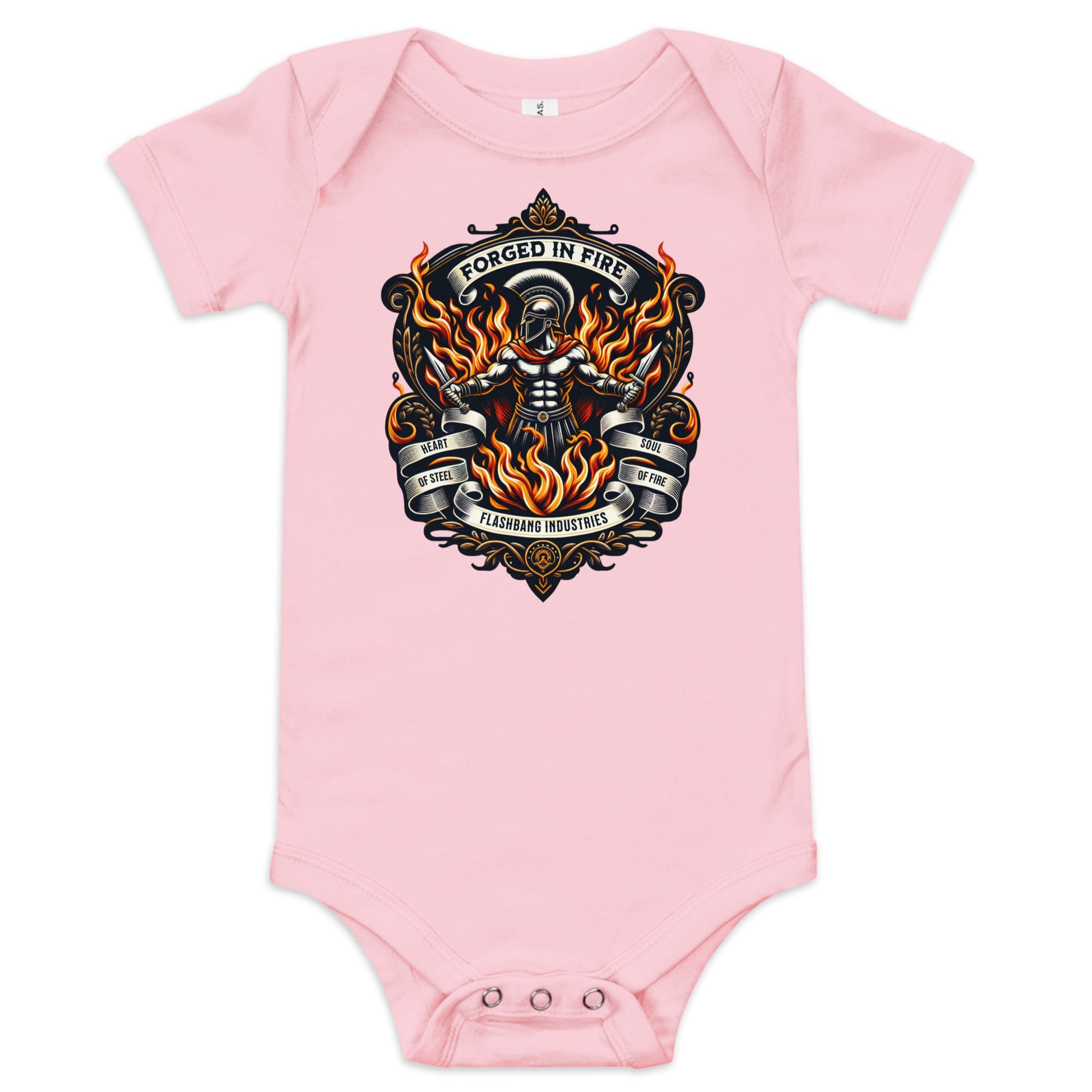 Pink baby onesie with a graphic design on a white background