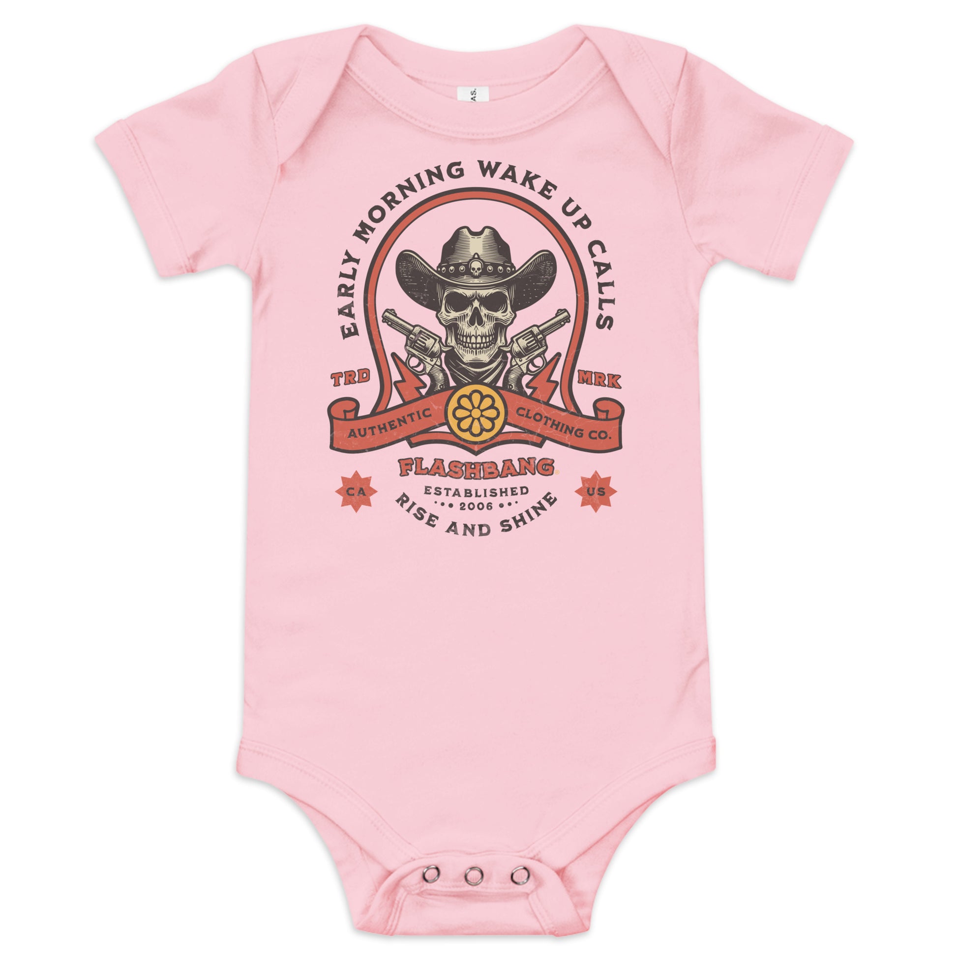 Pink baby onesie with graphic design and text on a white background