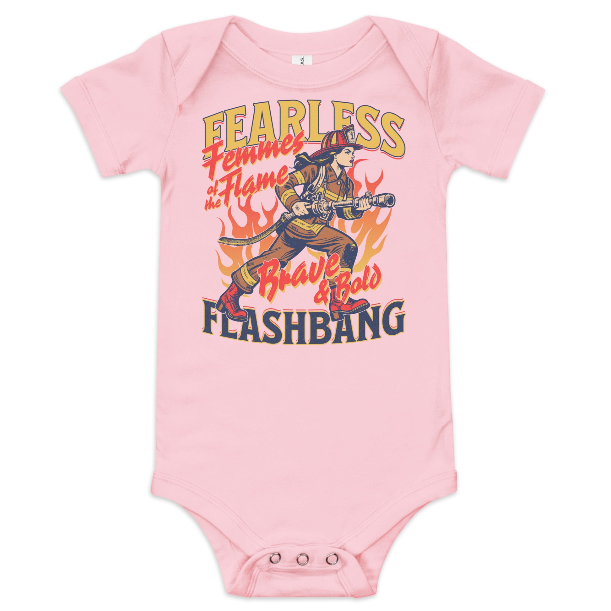 Pink baby onesie with a graphic design of a firefighter and text on a white background