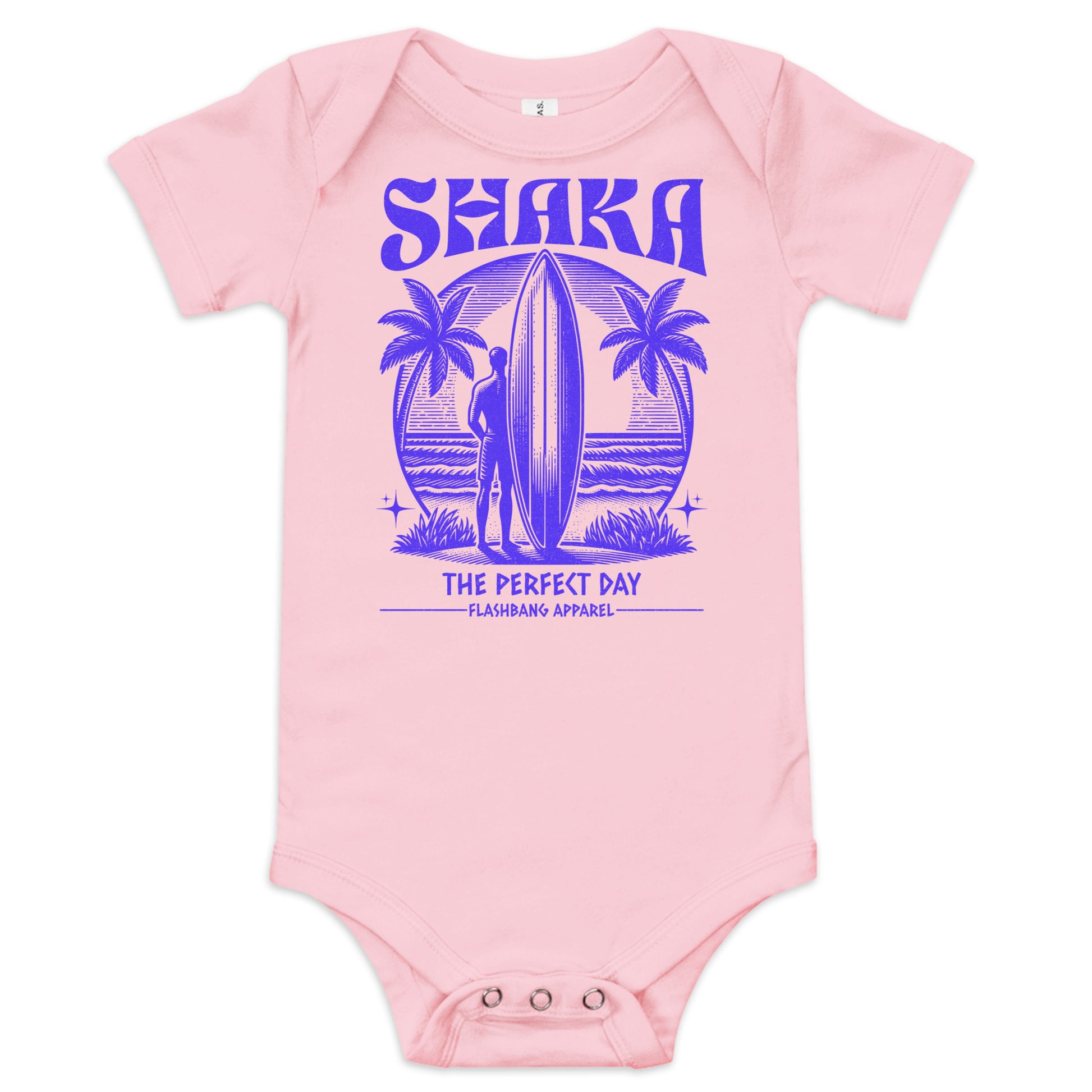 Pink baby onesie with purple graphic design on a white background
