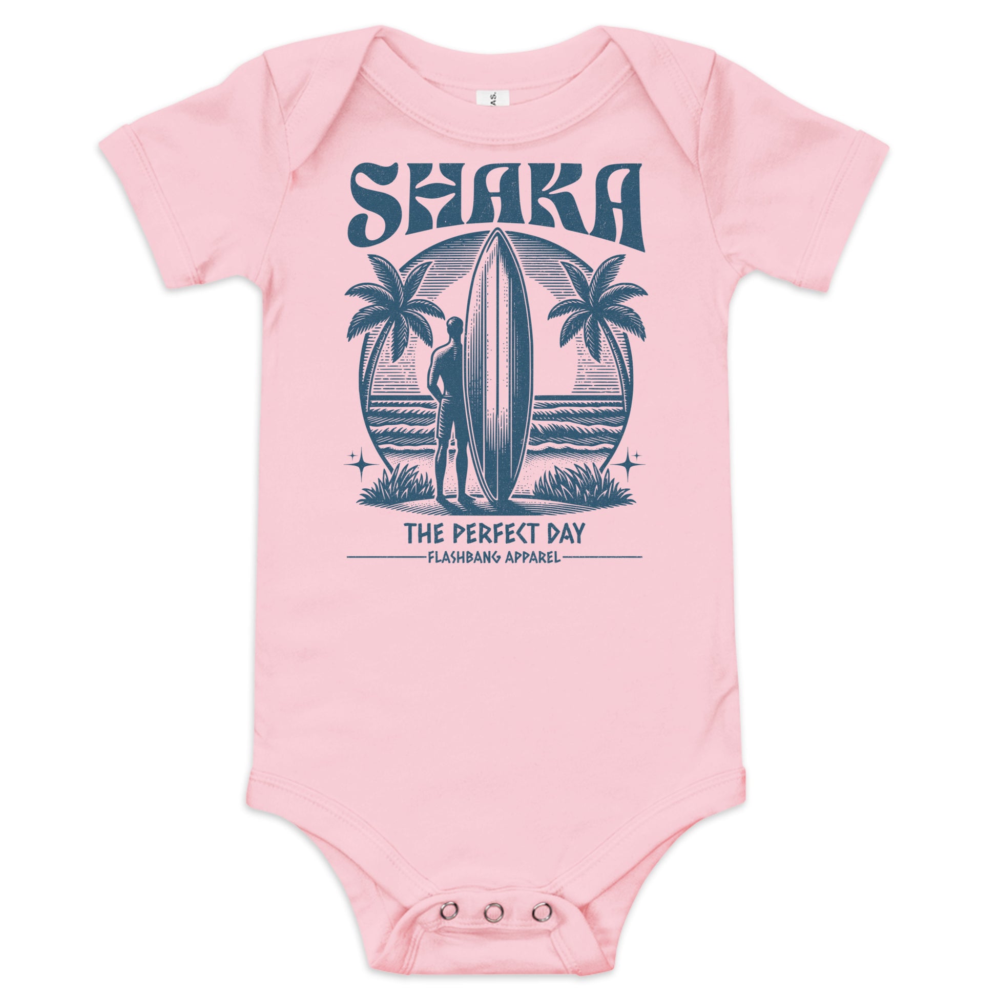 Pink baby onesie with a surf design and text on a white background