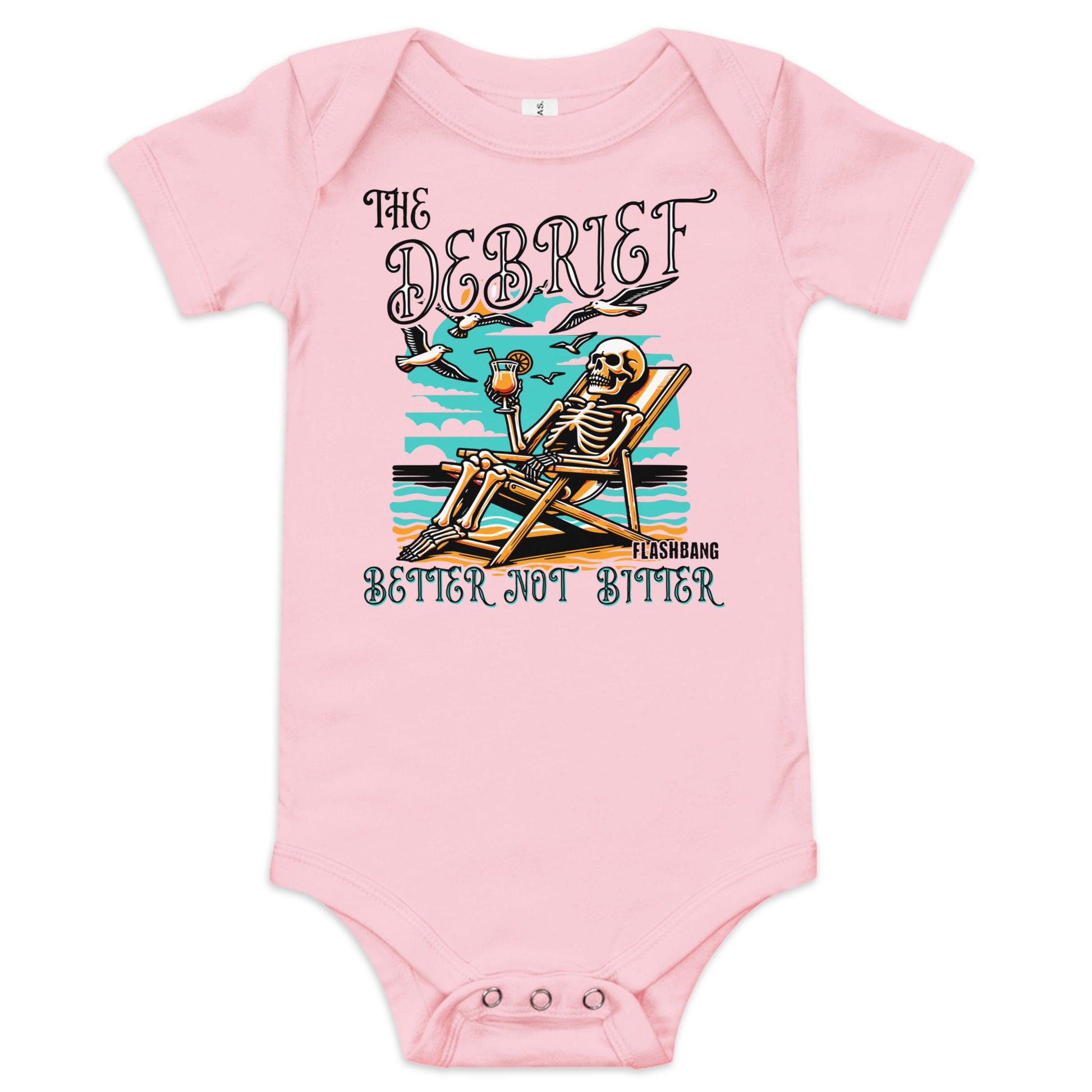 Pink baby onesie with skeleton design and text on a white background
