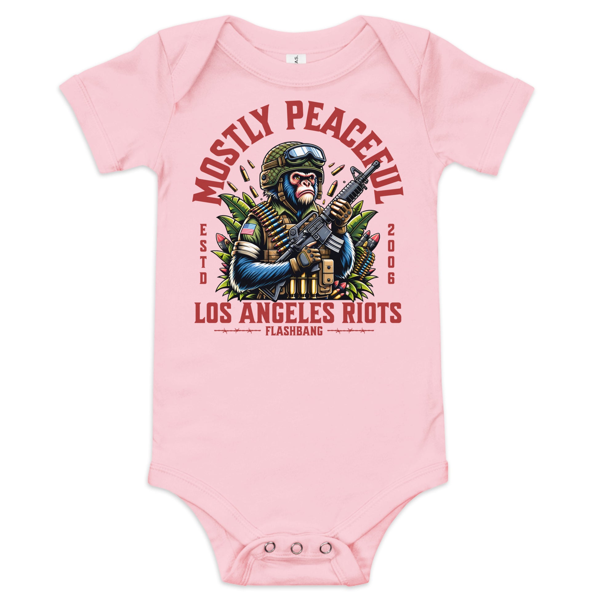 Pink baby onesie with graphic design and text on a white background