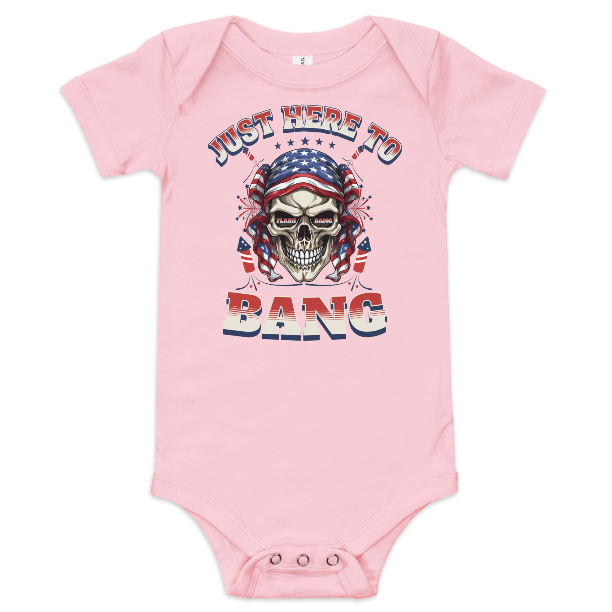 Pink baby onesie with skull design and text on a white background