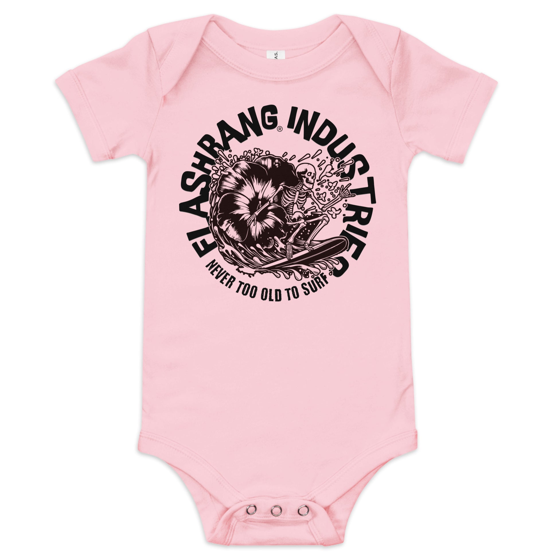 Pink baby onesie with black graphic design and text on a white background