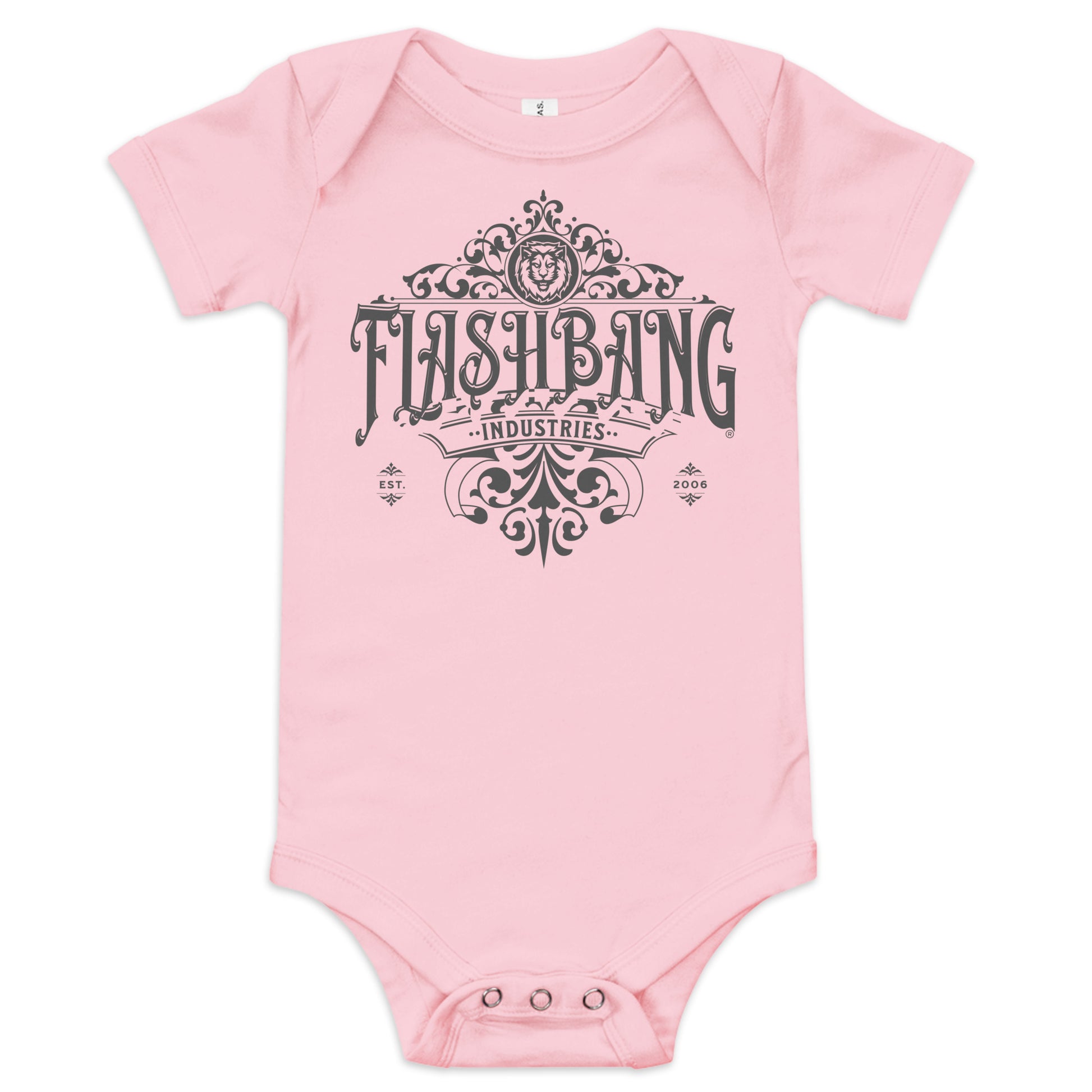 Pink baby onesie with 'Flashbang Industries' text on a white background