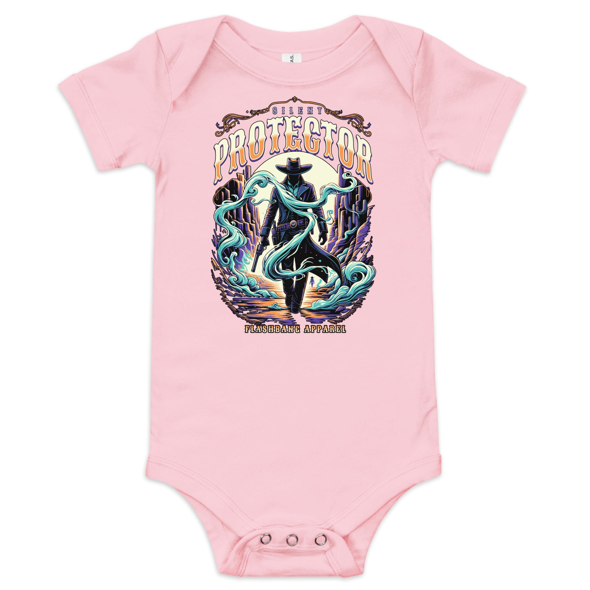 Pink baby onesie with a graphic design on a white background