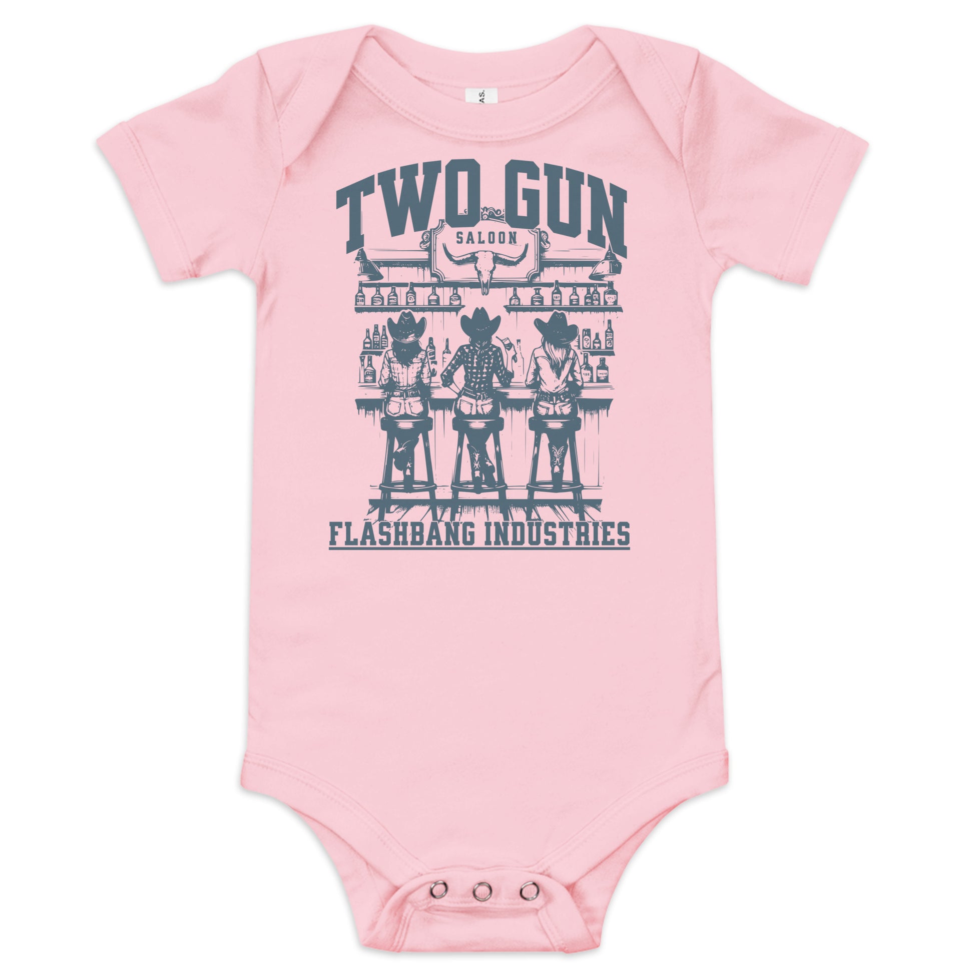 Pink baby onesie with cowboy graphic and text on a white background