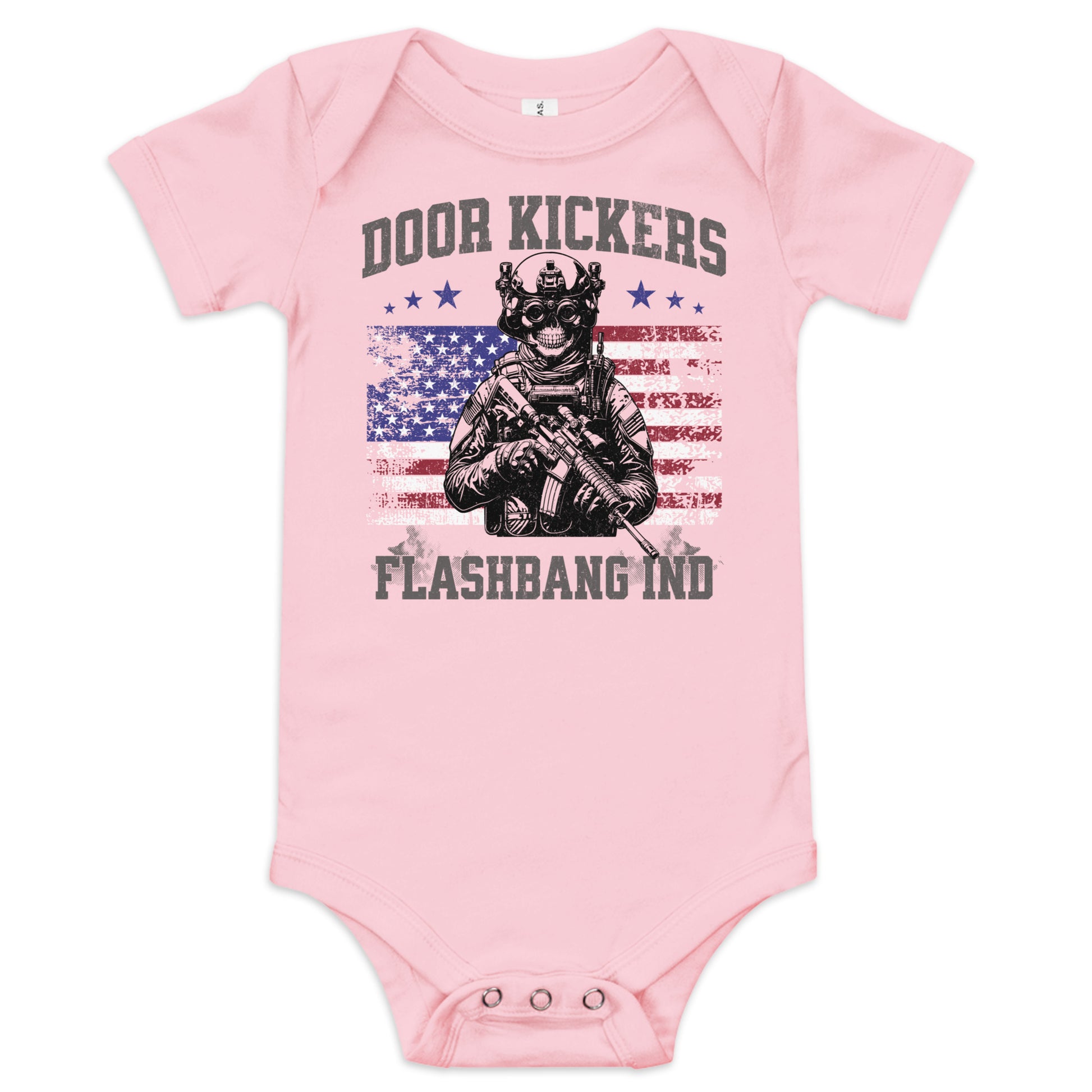 Pink baby onesie with graphic design and text on a white background