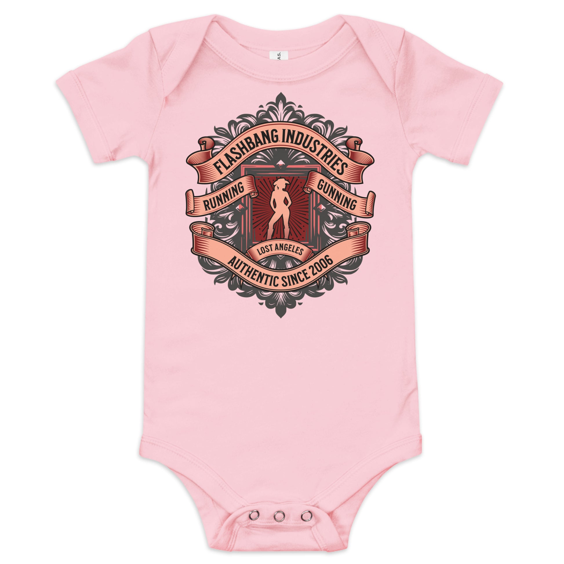 Pink baby onesie with graphic design on a white background