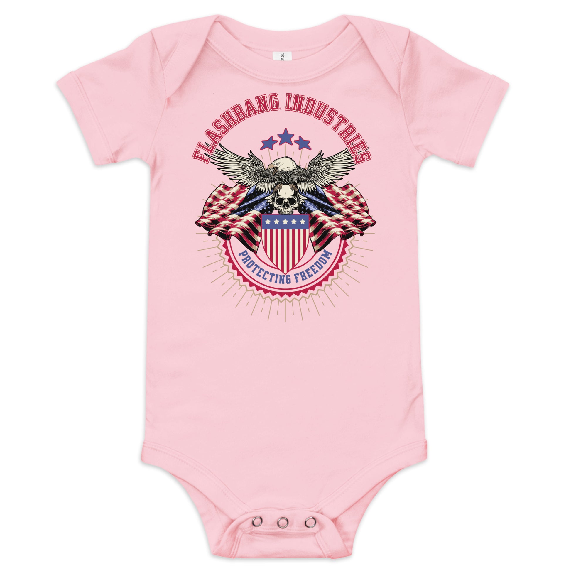 Pink baby onesie with patriotic design and 'Flashbang Industries' text on a white background