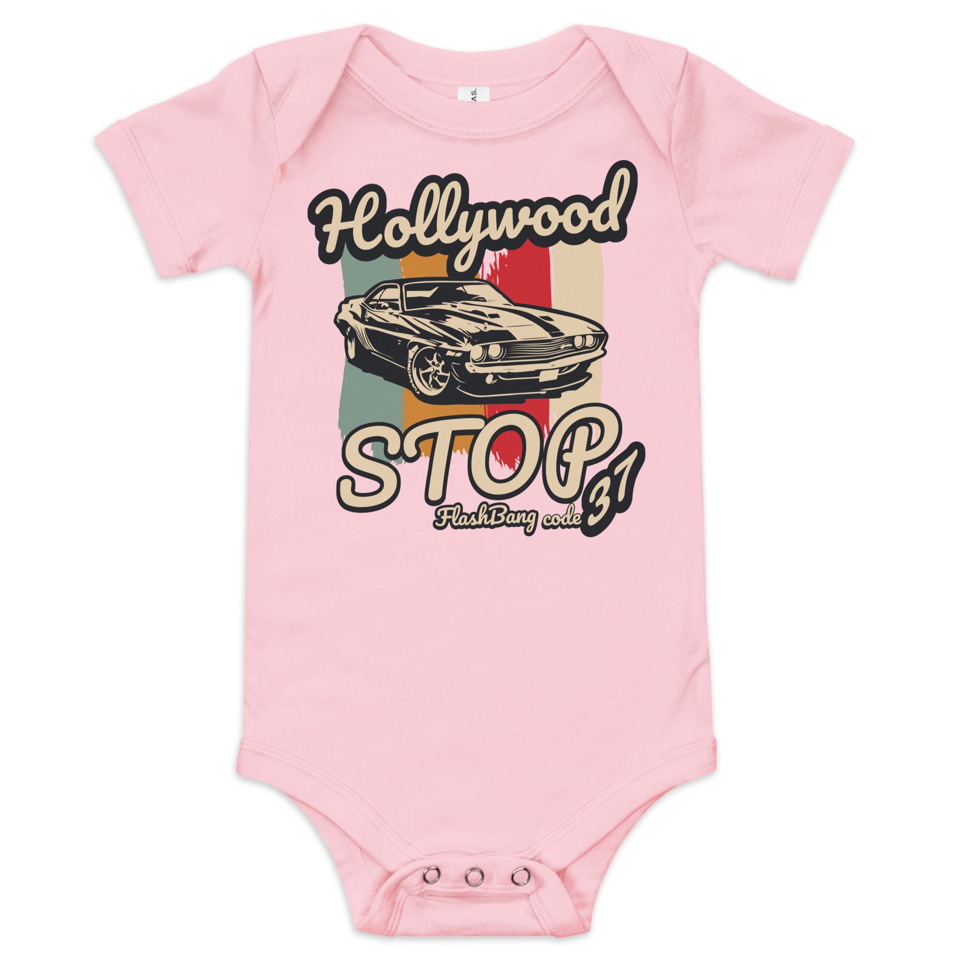 Pink baby onesie with a vintage car graphic and text on a white background