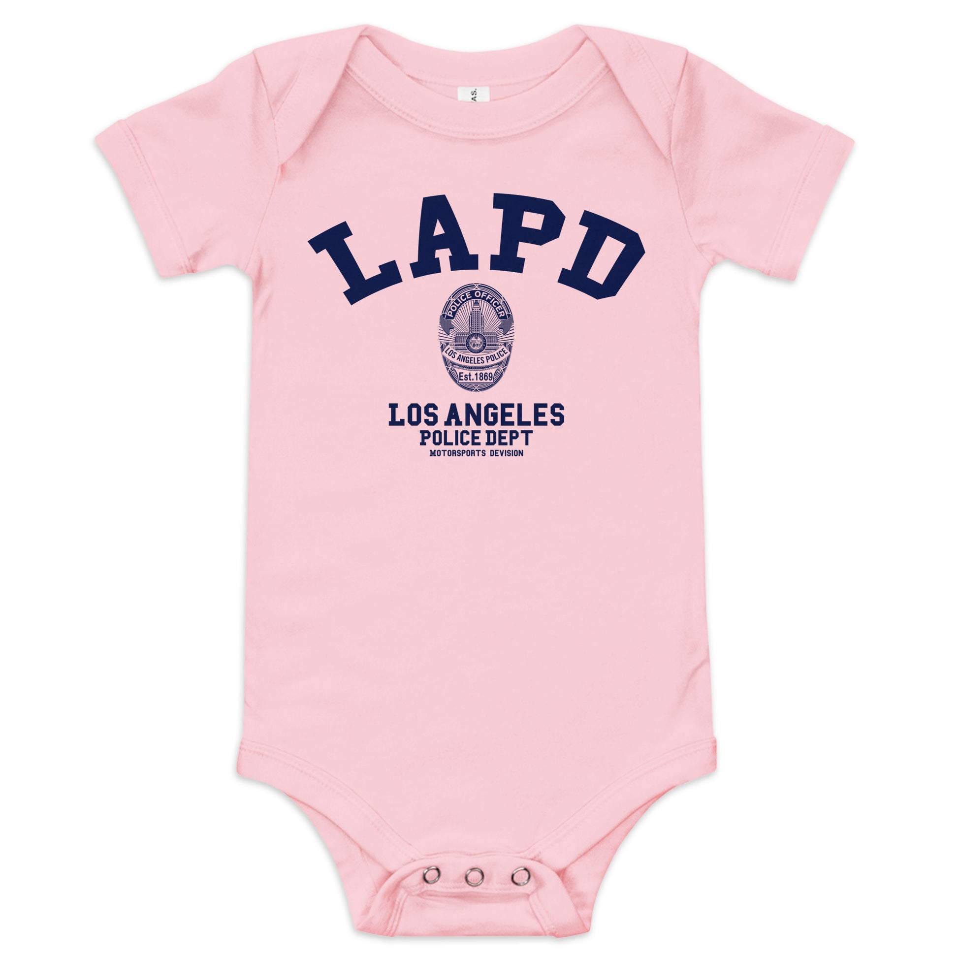 Pink baby onesie with LAPD Los Angeles Police Dept text and logo on a white background
