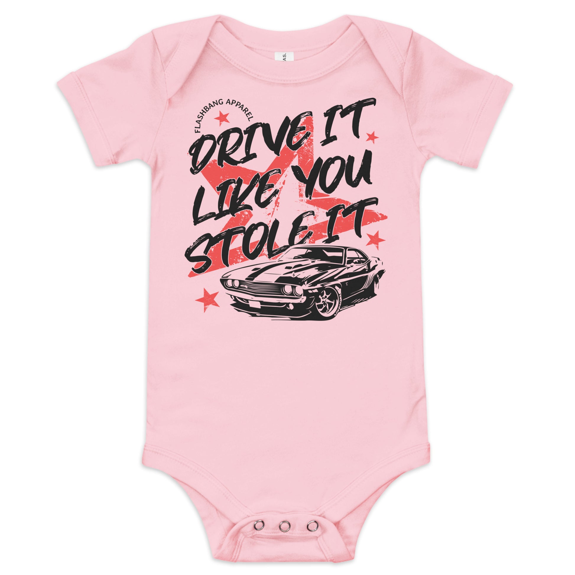 Pink baby onesie with graphic design and text on a white background