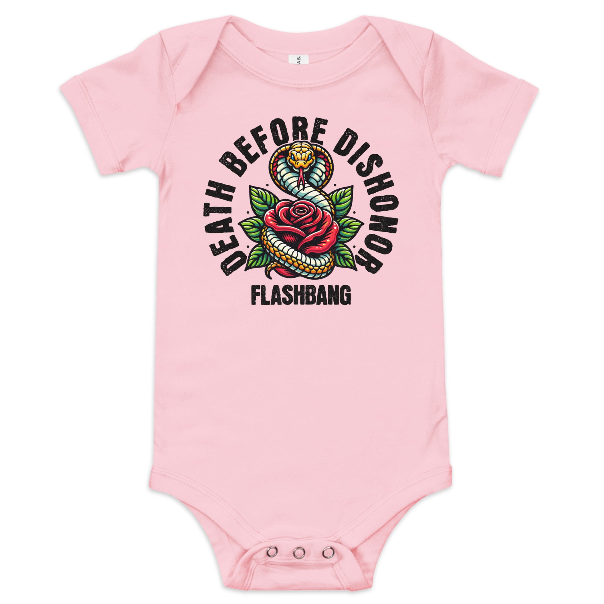 Pink baby onesie with snake and rose design and text on a white background