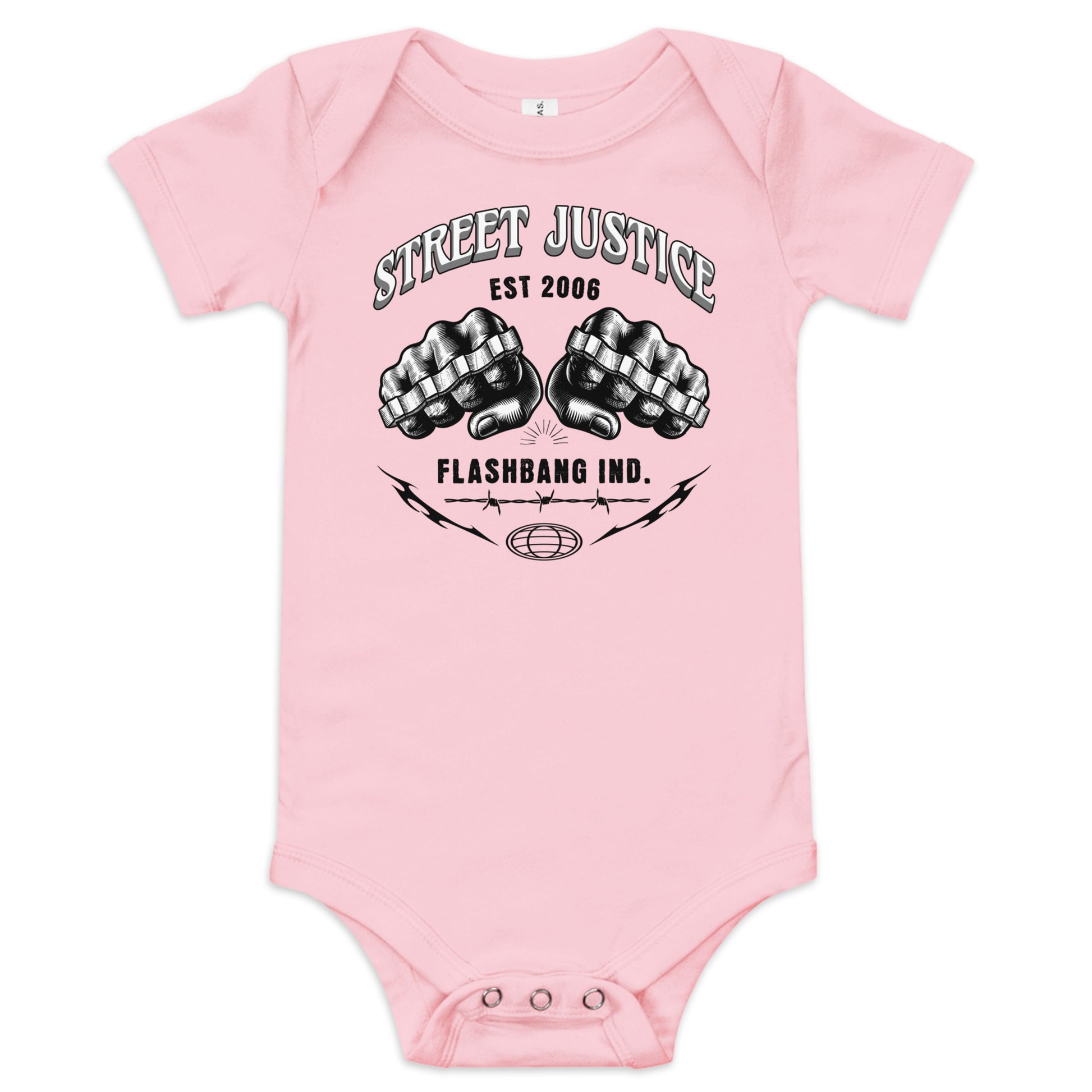 Pink baby onesie with black graphic design and text on a white background