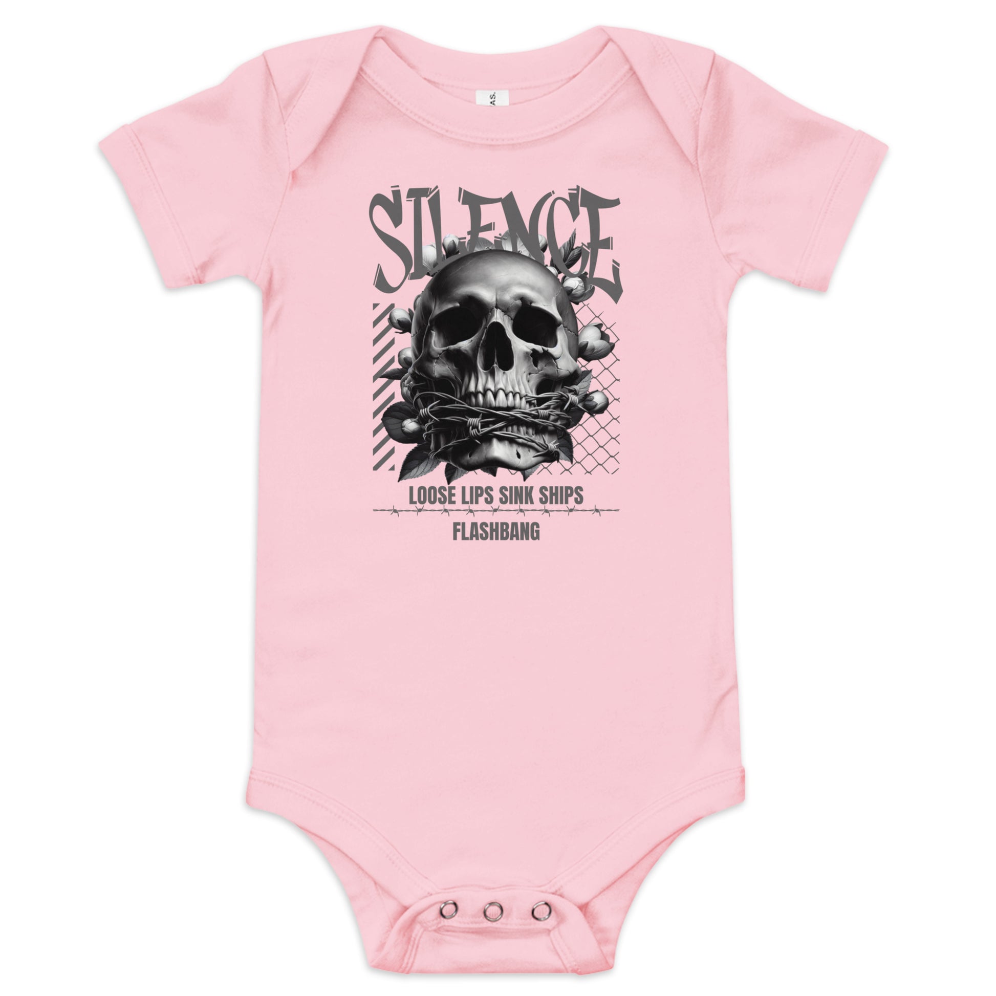 Pink baby onesie with a skull graphic and text on a white background