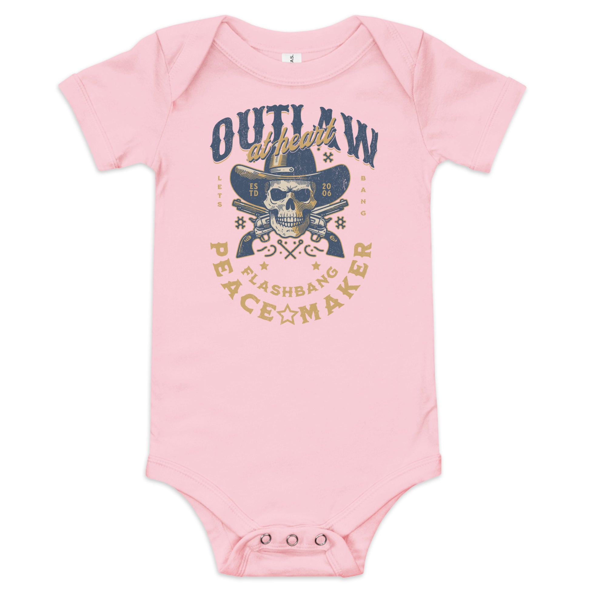 Pink baby onesie with a skull and crossbones design on a white background