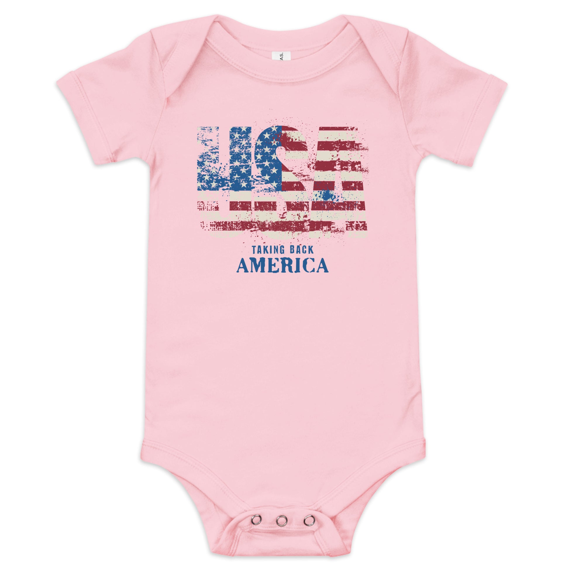 Pink baby onesie with American flag design and text on a white background
