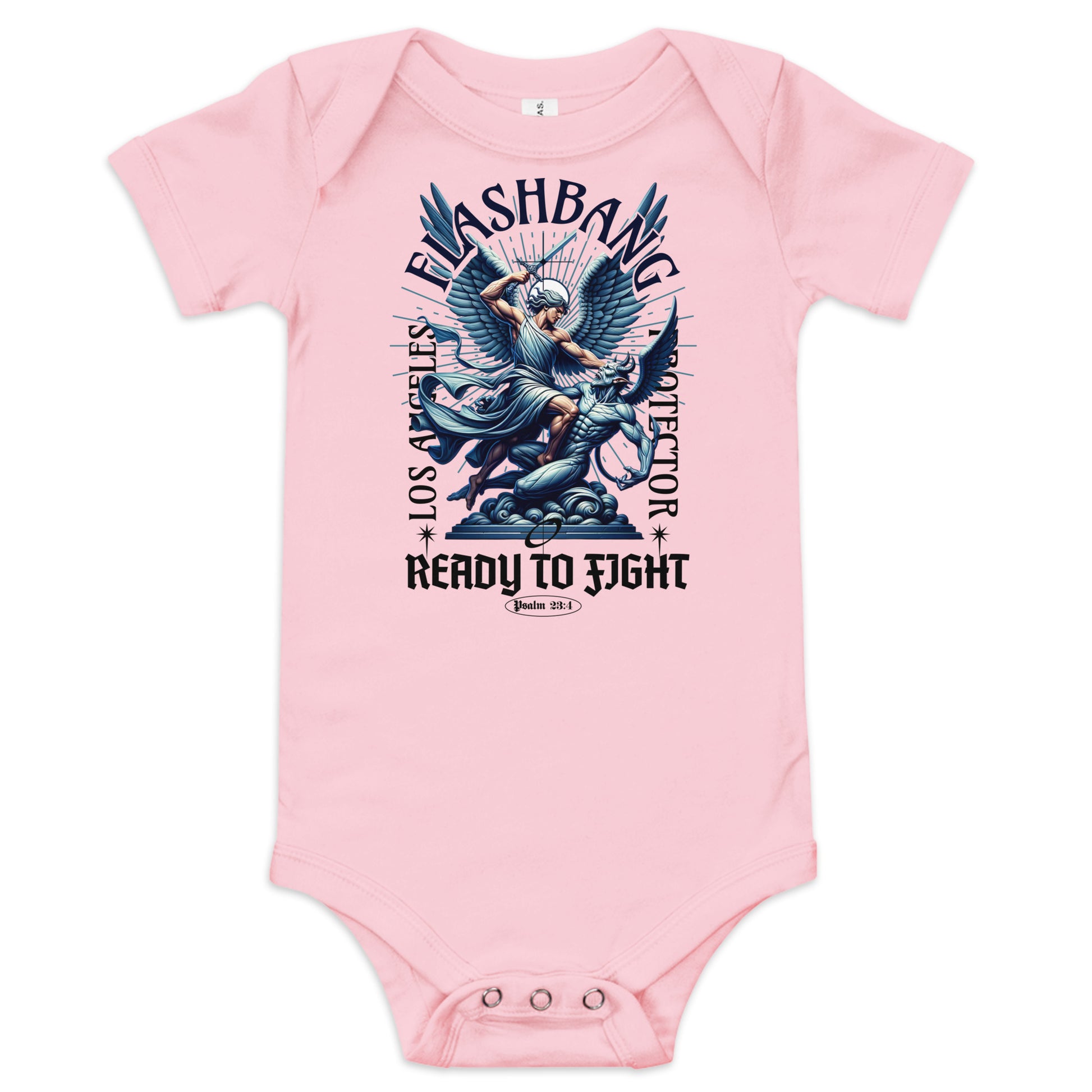 Pink baby onesie with graphic design and text on a white background