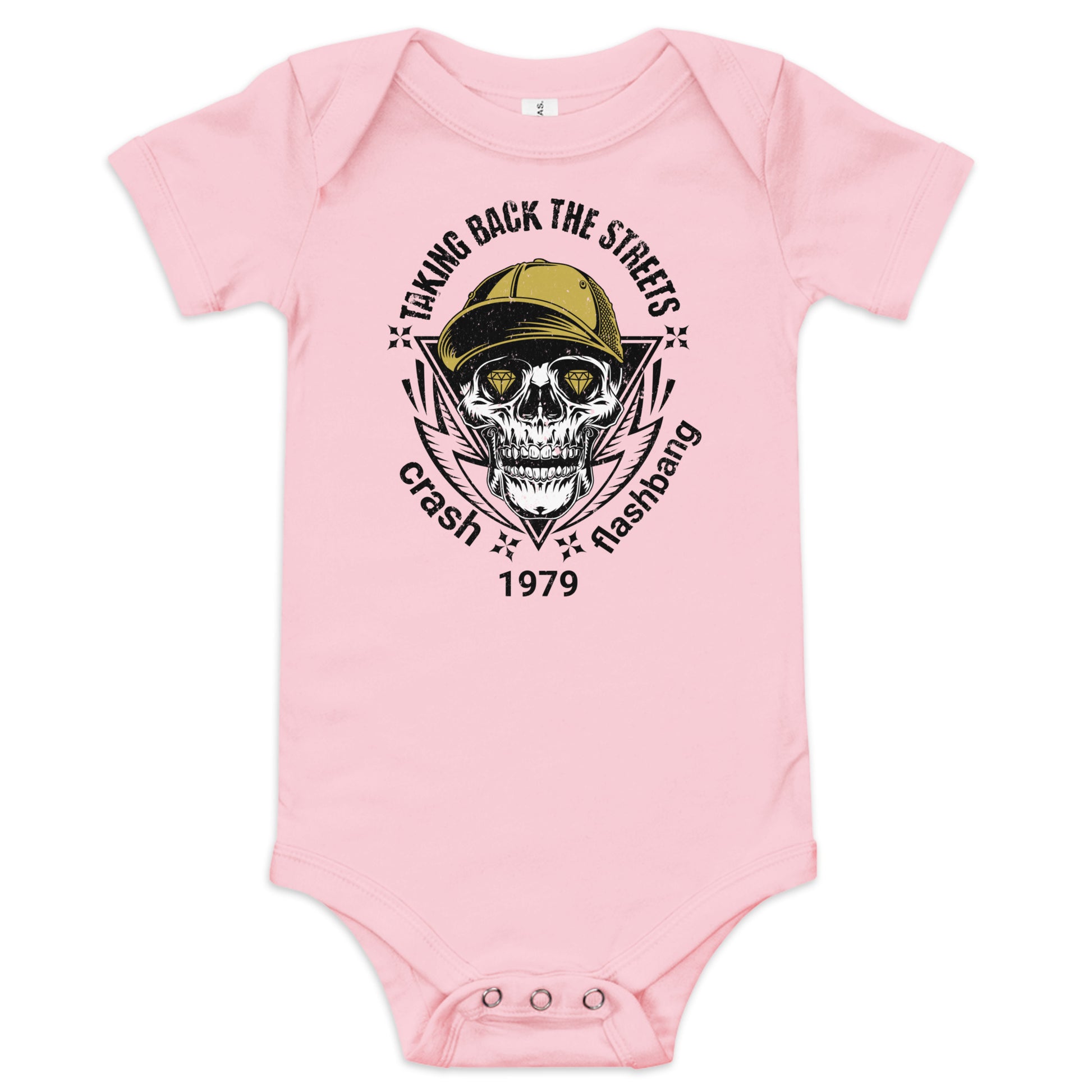 Pink baby onesie with skull and text design on a white background